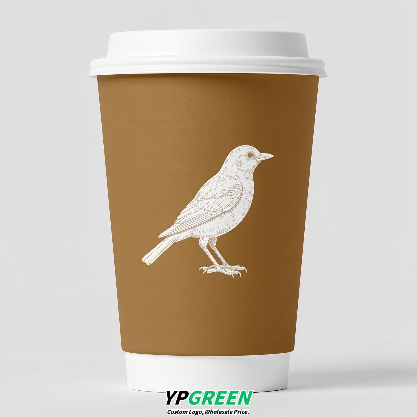Latte Paper Cups with Bird Logo & Lids 8-24oz