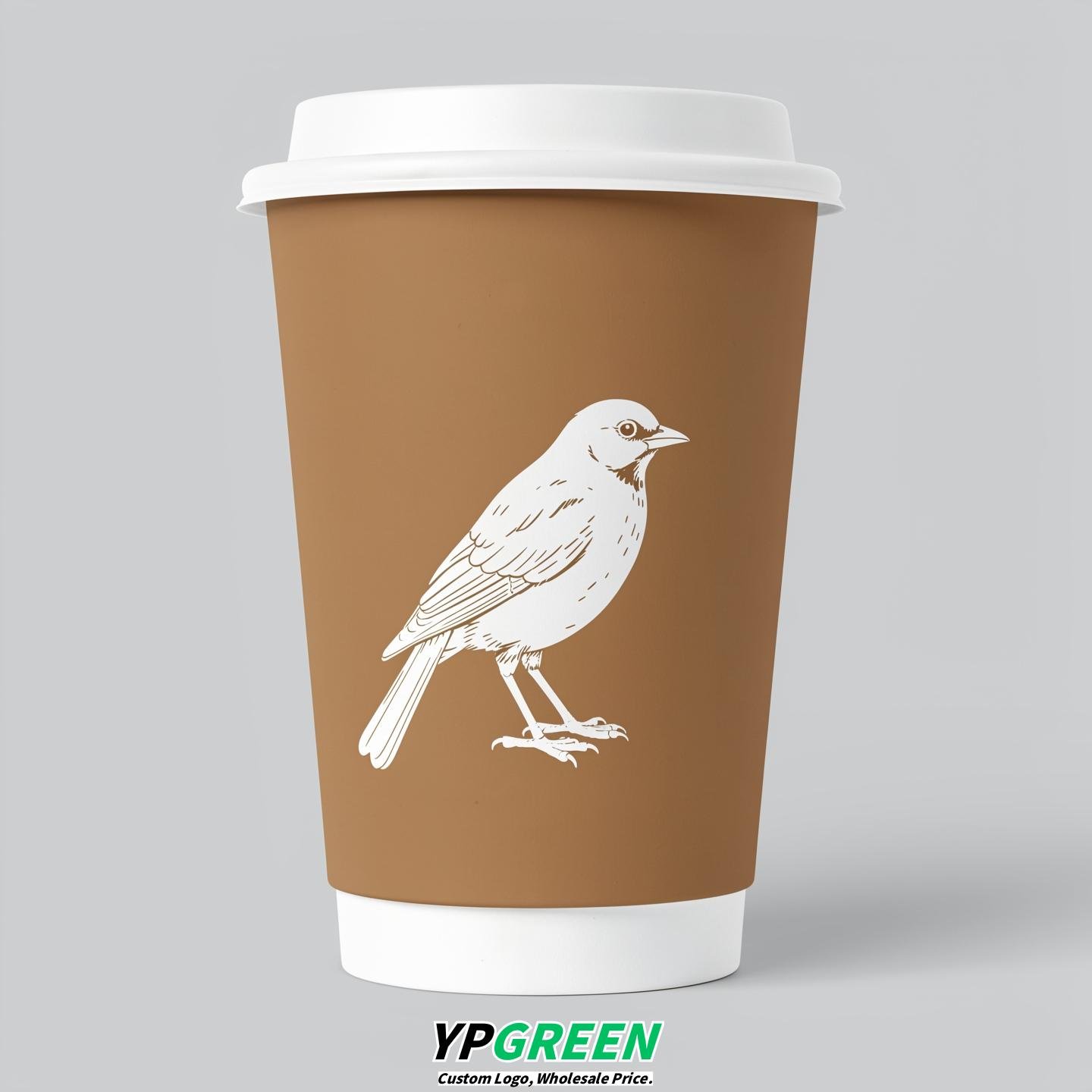 Latte Paper Cups with Bird Logo & Lids 8-24oz