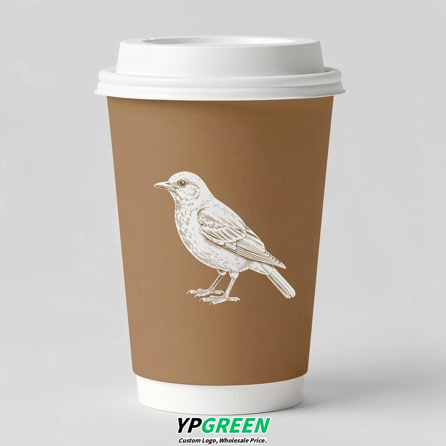 Latte Paper Cups with Bird Logo & Lids 8-24oz