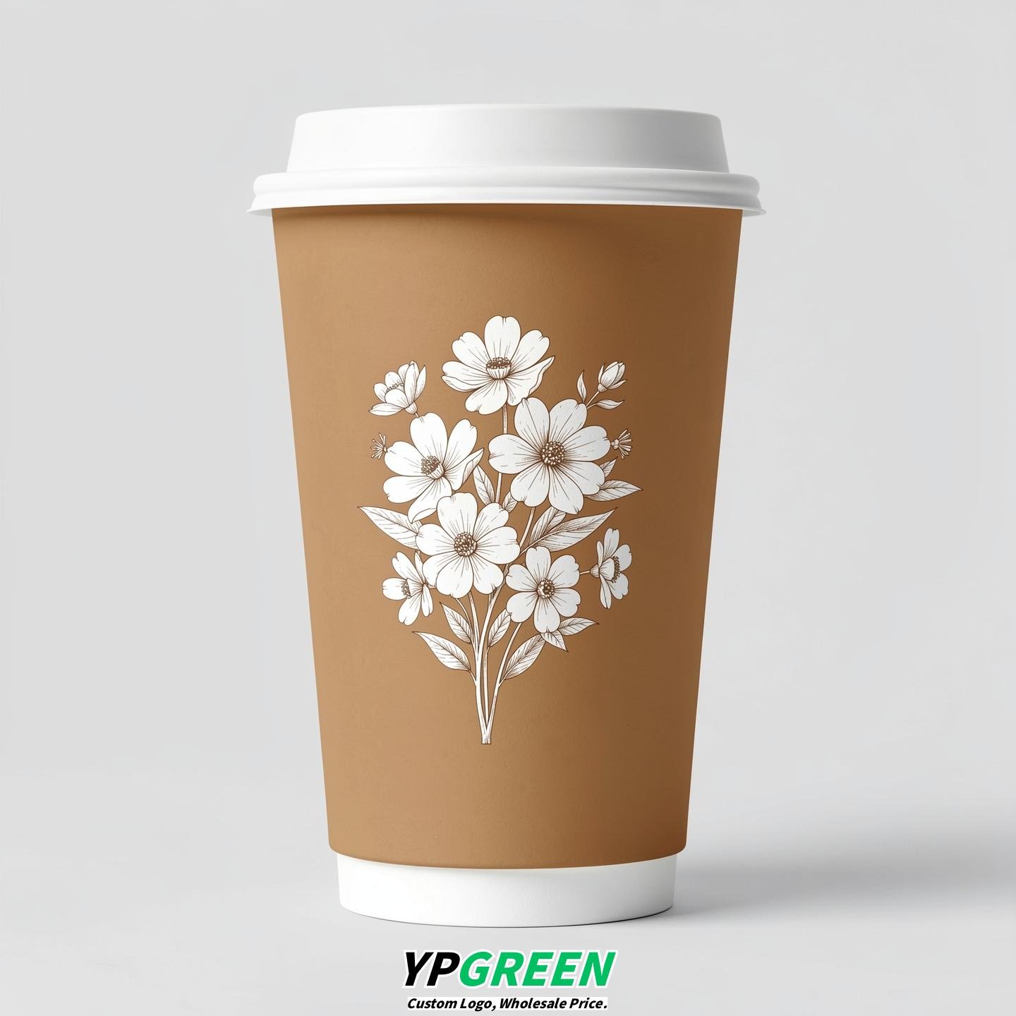 Latte Floral Paper Cups with Lids 8-24oz