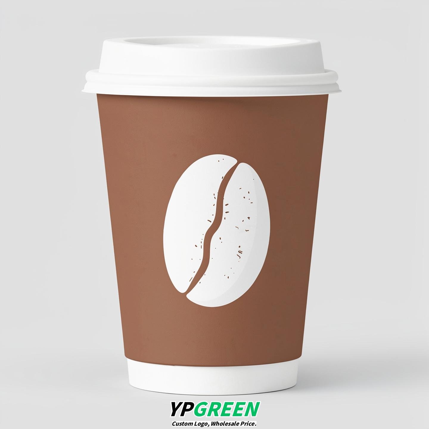 Latte Paper Cups with Coffee Bean Logo & Lids 8-24oz