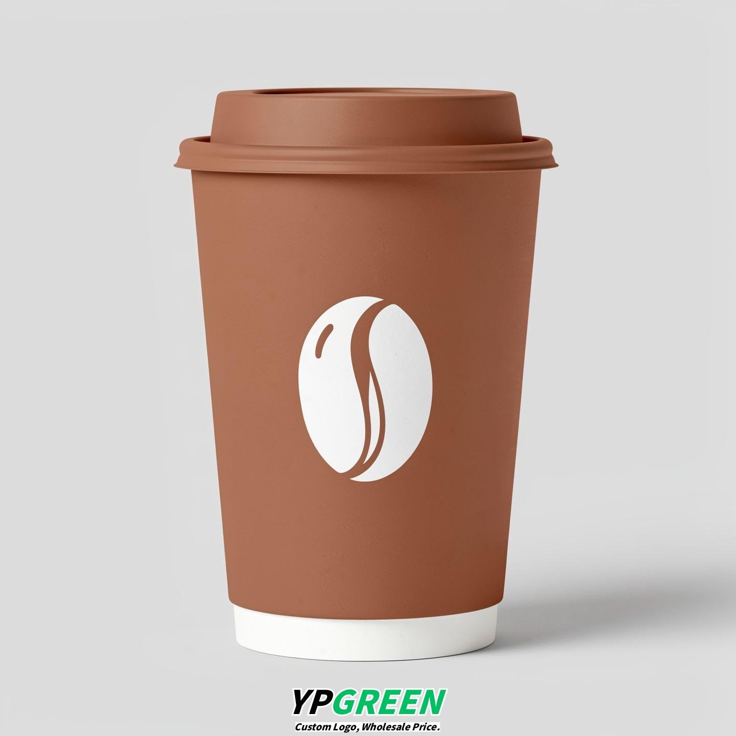 Latte Paper Cups with Coffee Bean Logo & Lids 8-24oz