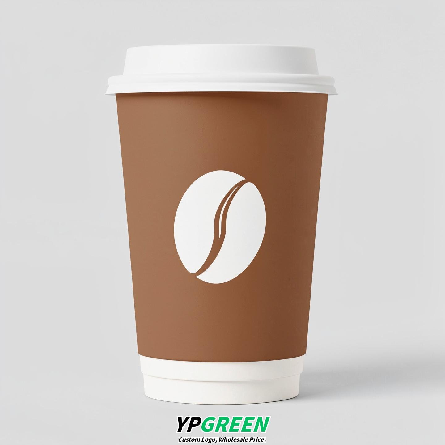 Latte Paper Cups with Coffee Bean Logo & Lids 8-24oz