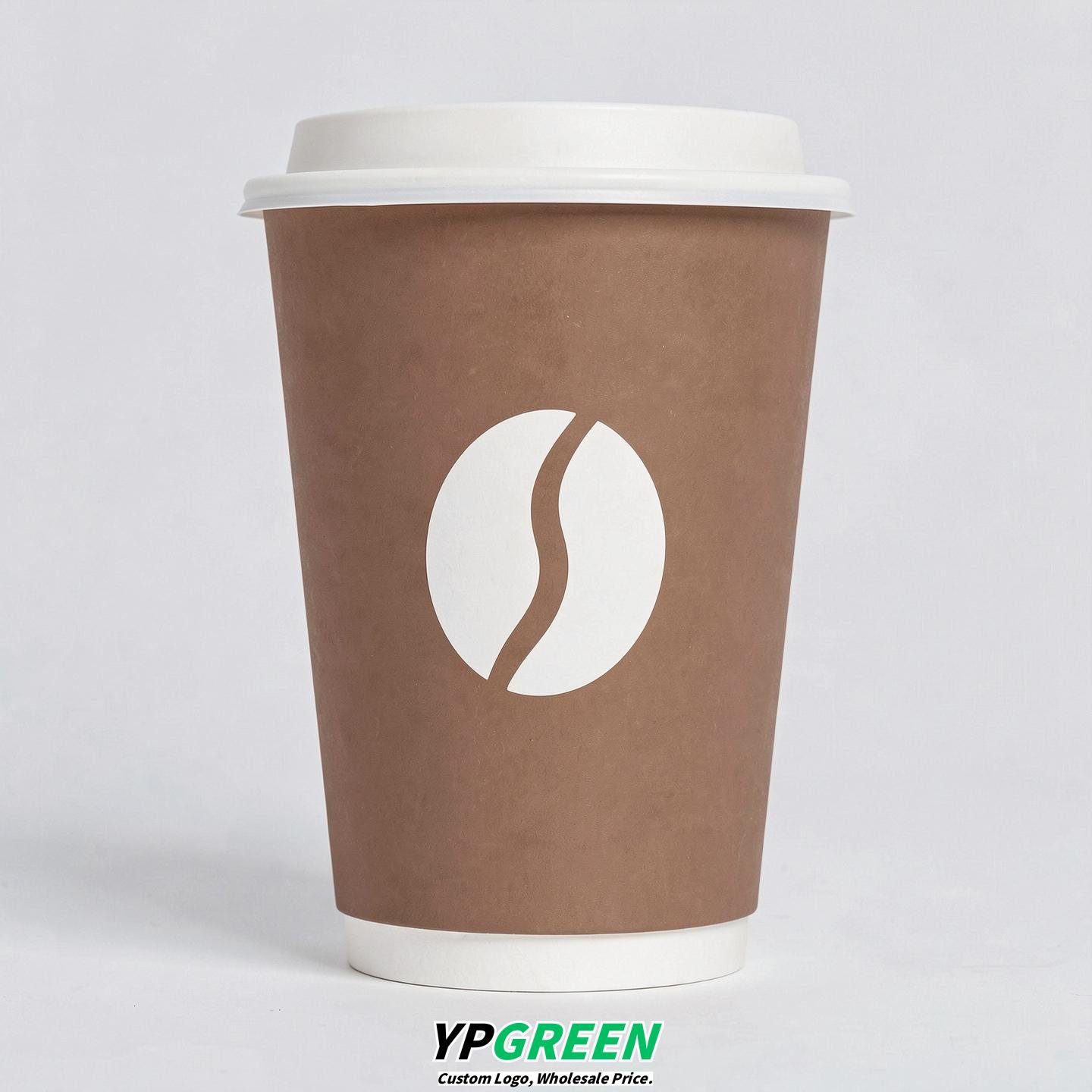 Latte Paper Cups with Coffee Bean Logo & Lids 8-24oz