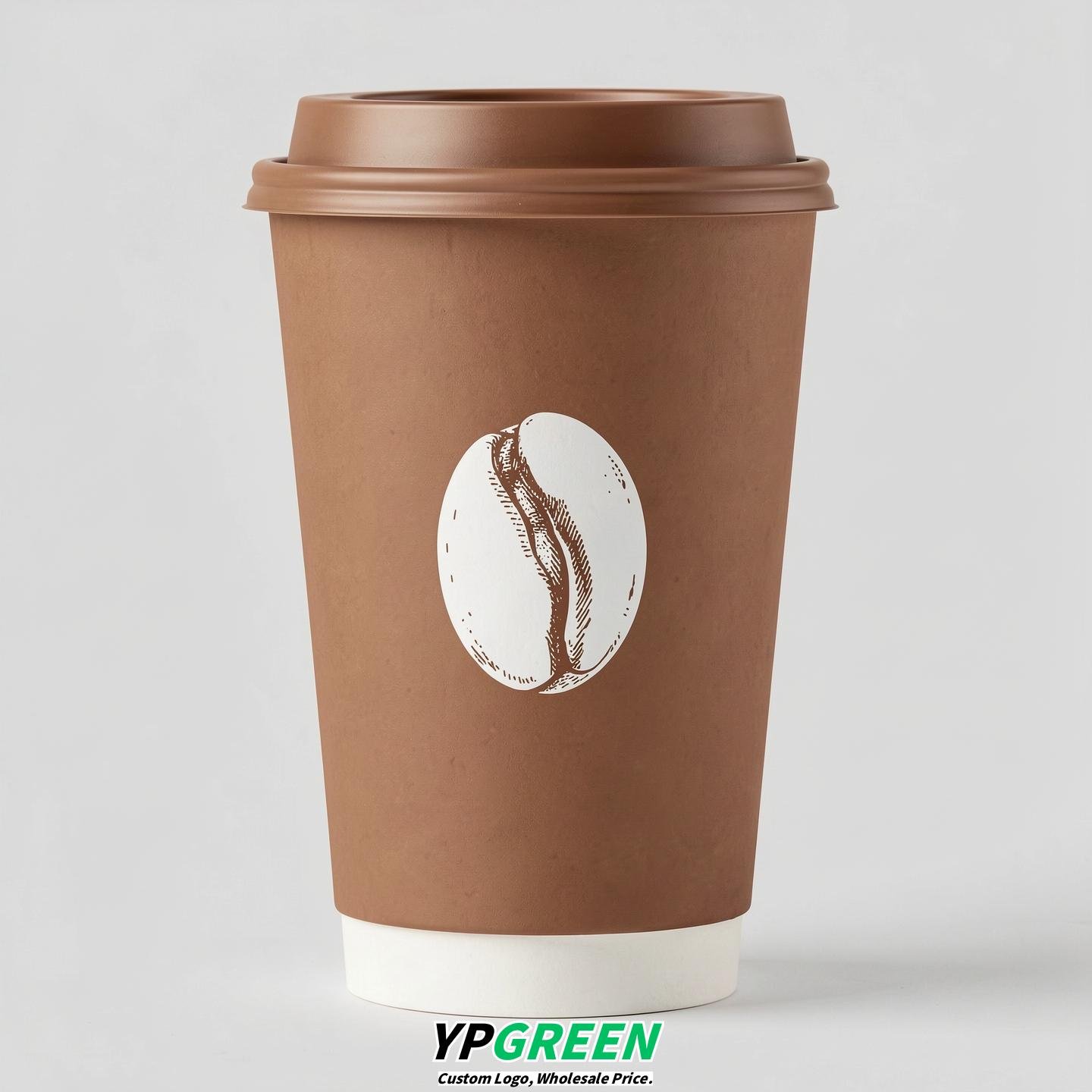 Latte Paper Cups with Coffee Bean Logo & Lids 8-24oz