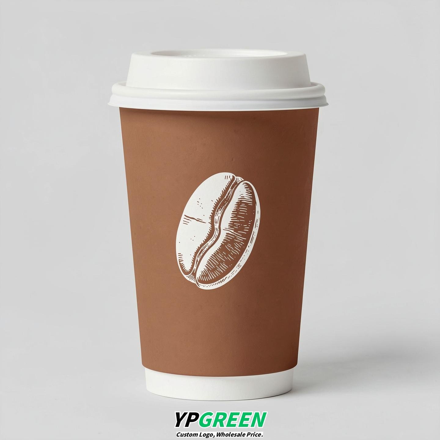 Latte Paper Cups with Coffee Bean Logo & Lids 8-24oz