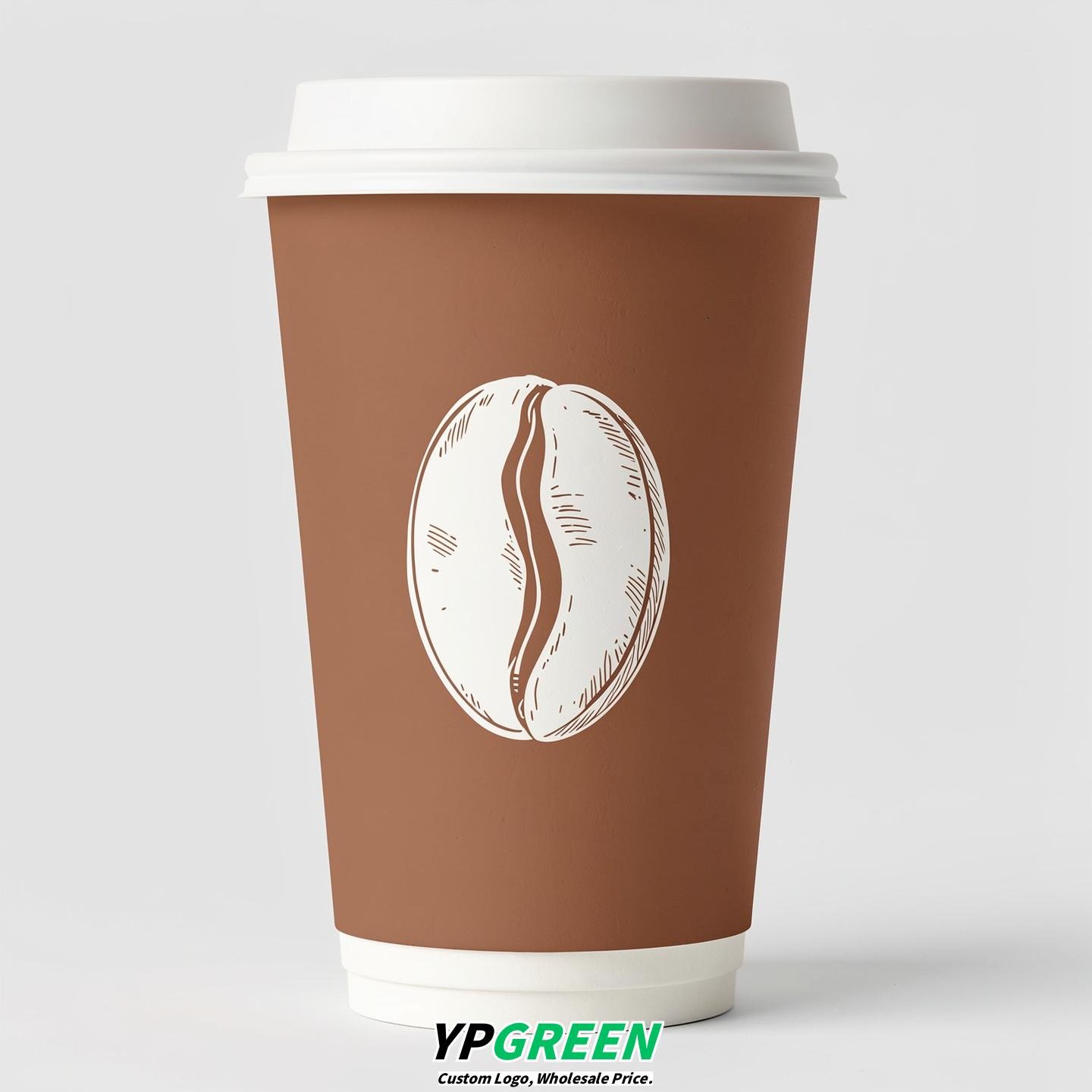 Latte Paper Cups with Coffee Bean Logo & Lids 8-24oz