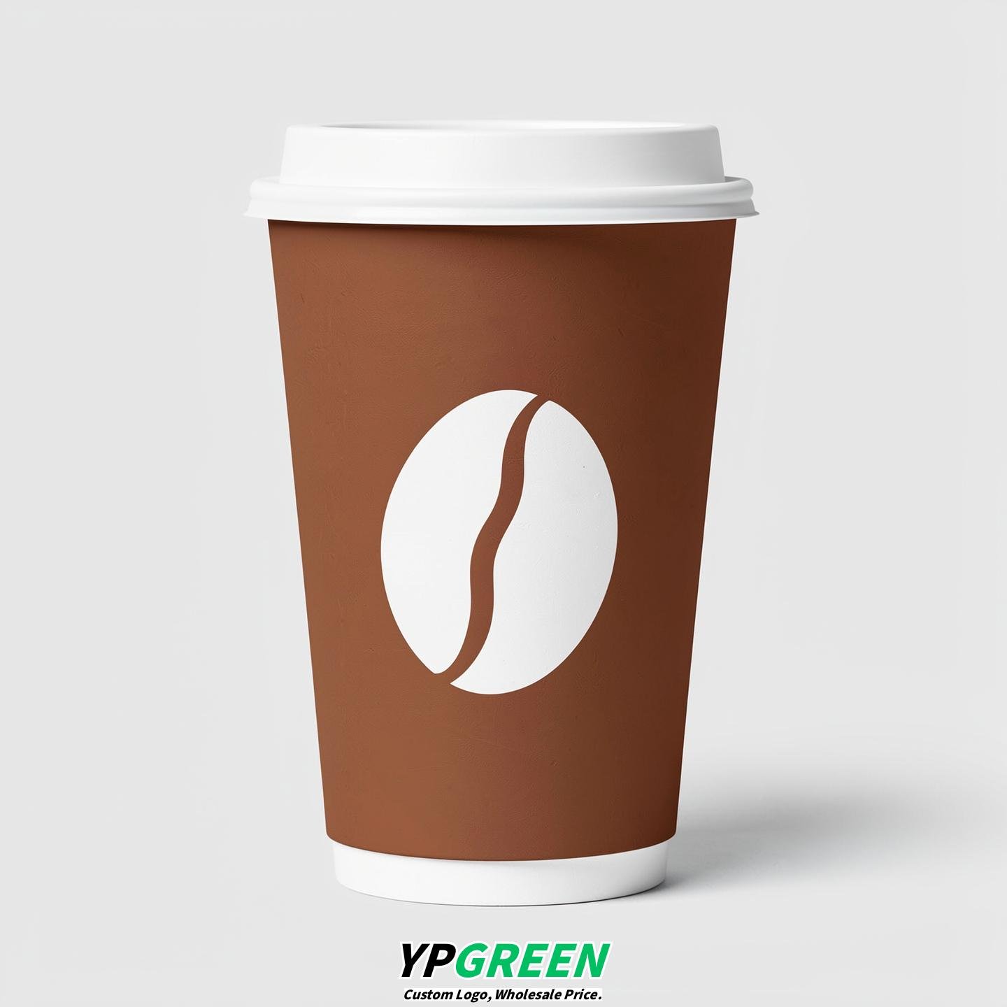 Latte Paper Cups with Coffee Bean Logo & Lids 8-24oz