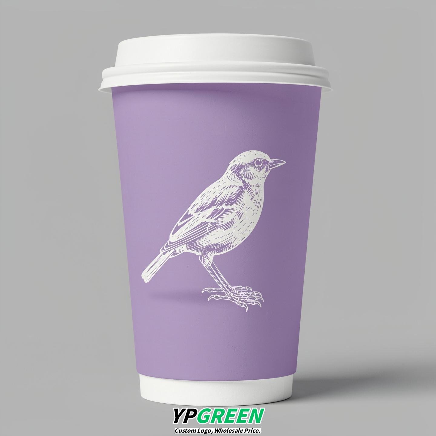 Lavender Paper Cups with Bird Logo & Lids 8-24oz