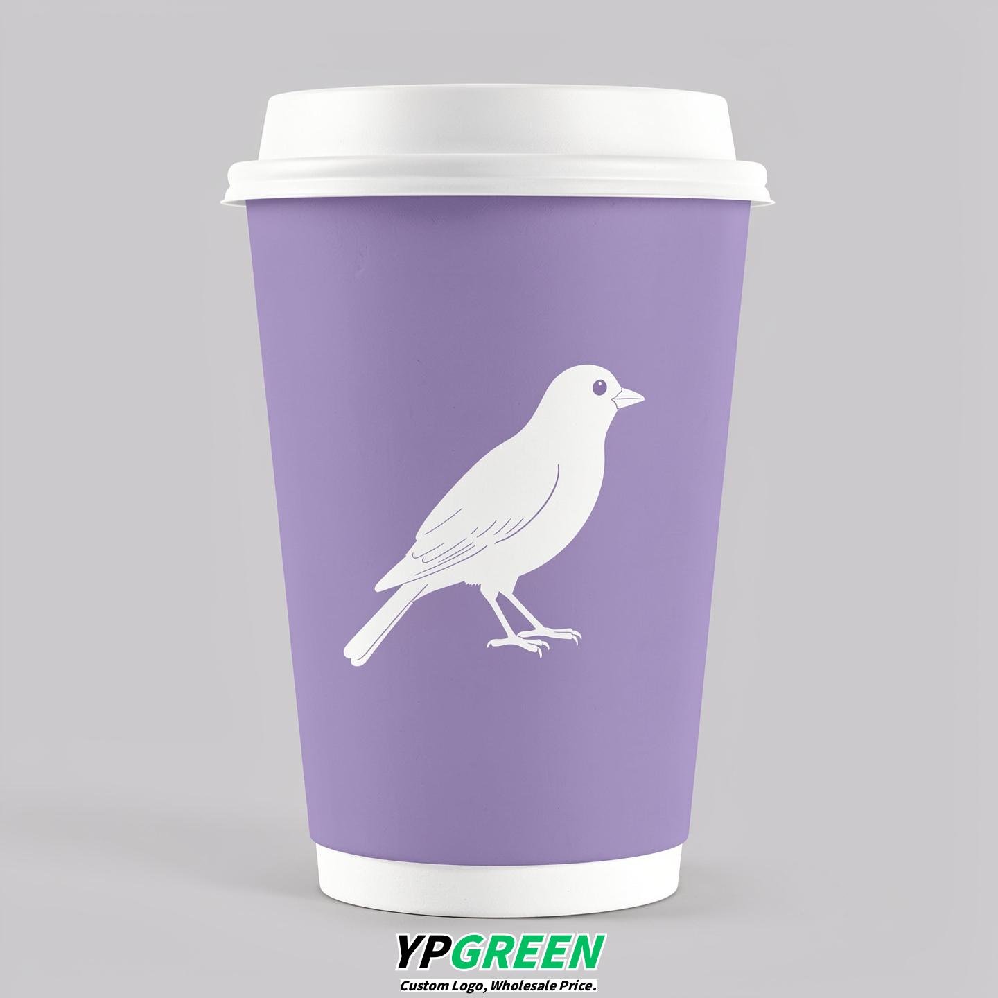 Lavender Paper Cups with Bird Logo & Lids 8-24oz