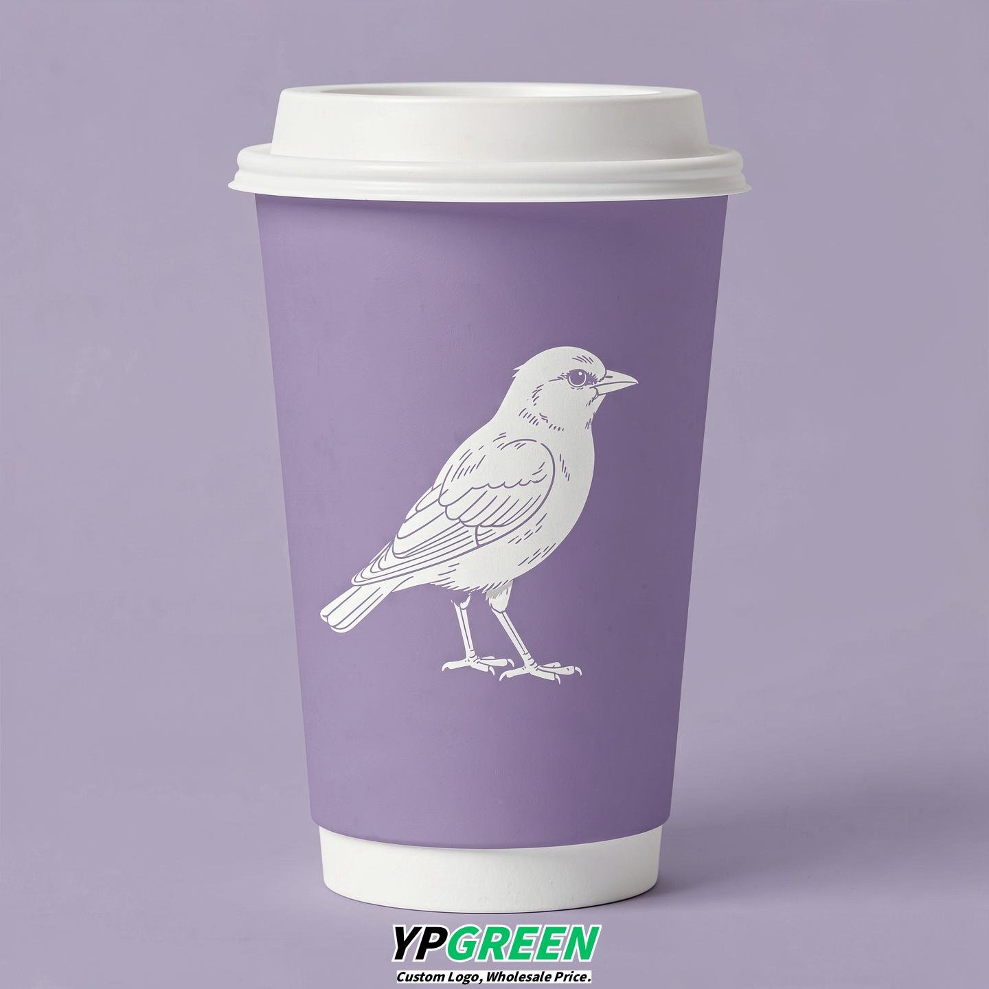 Lavender Paper Cups with Bird Logo & Lids 8-24oz
