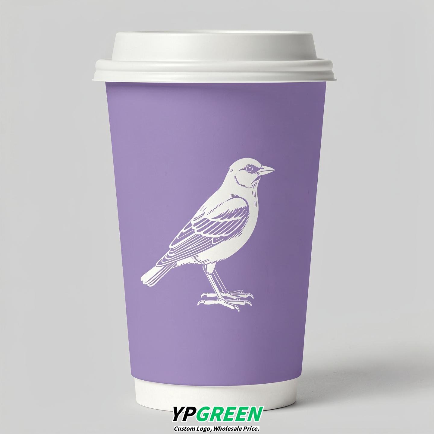 Lavender Paper Cups with Bird Logo & Lids 8-24oz