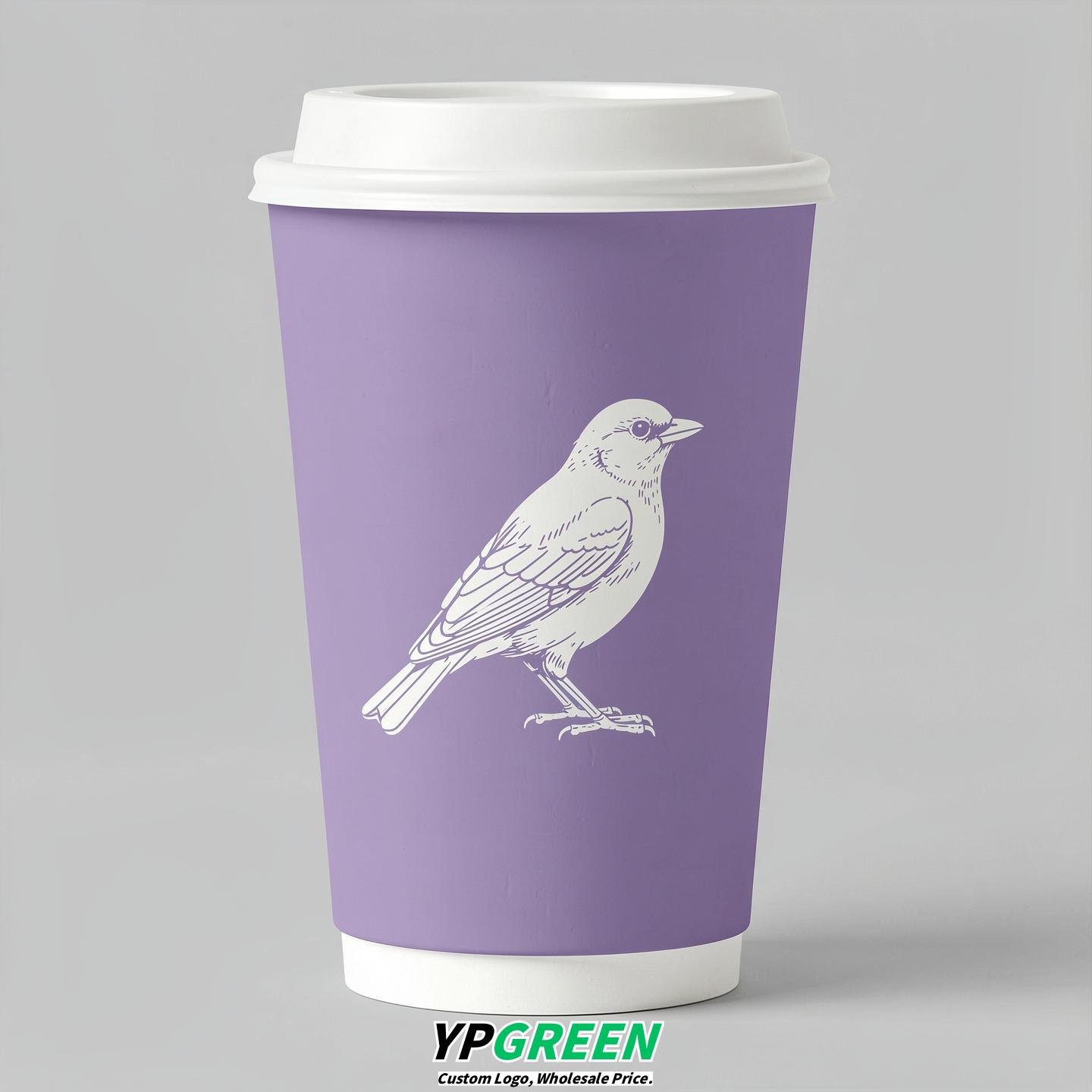 Lavender Paper Cups with Bird Logo & Lids 8-24oz