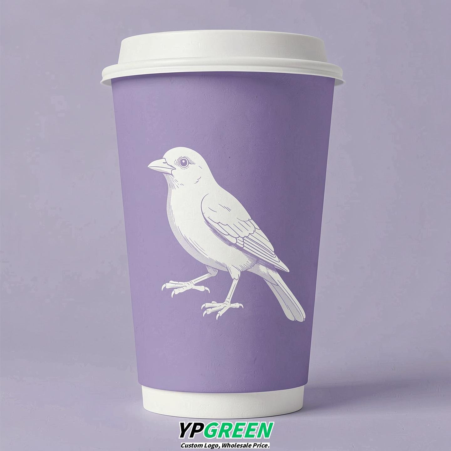 Lavender Paper Cups with Bird Logo & Lids 8-24oz