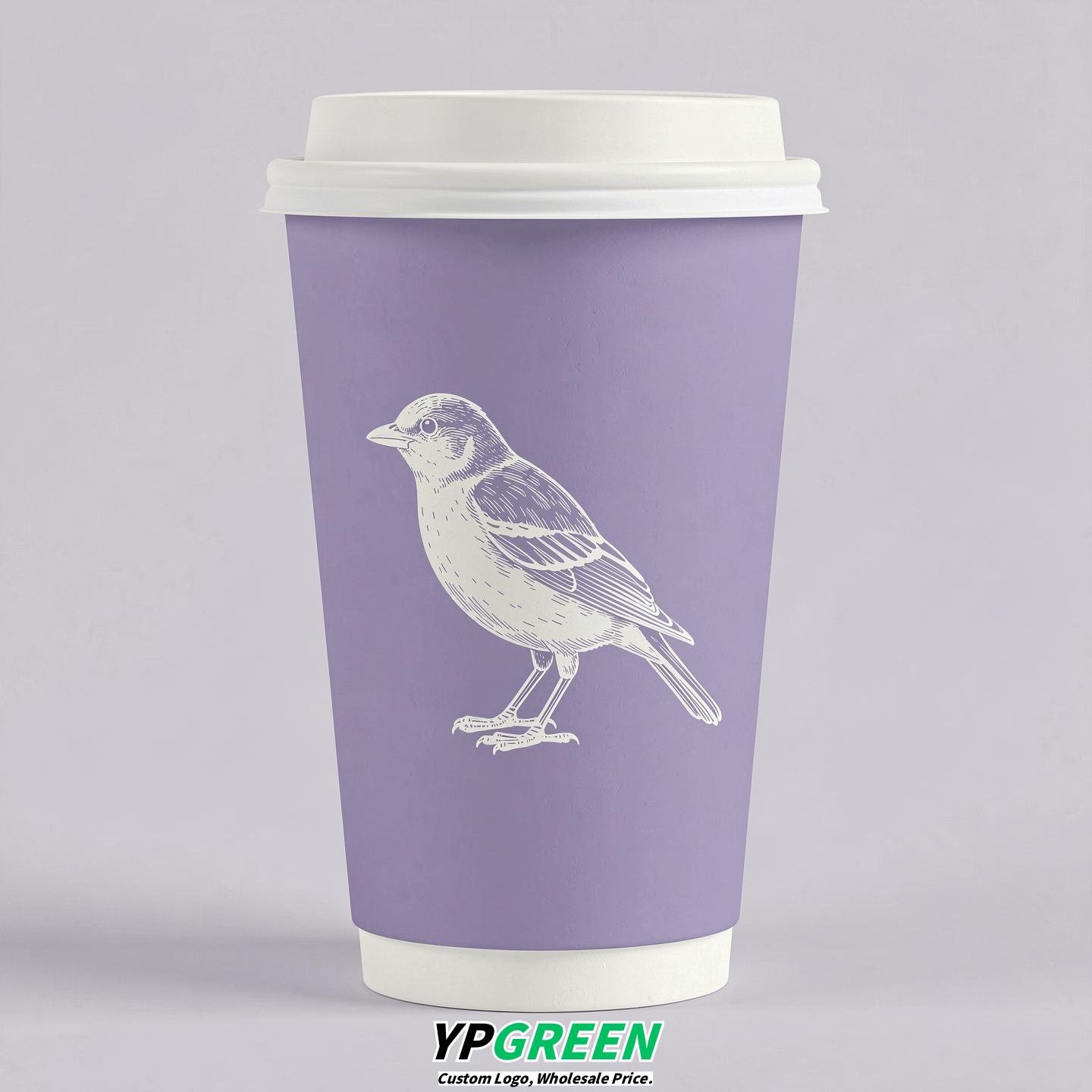 Lavender Paper Cups with Bird Logo & Lids 8-24oz