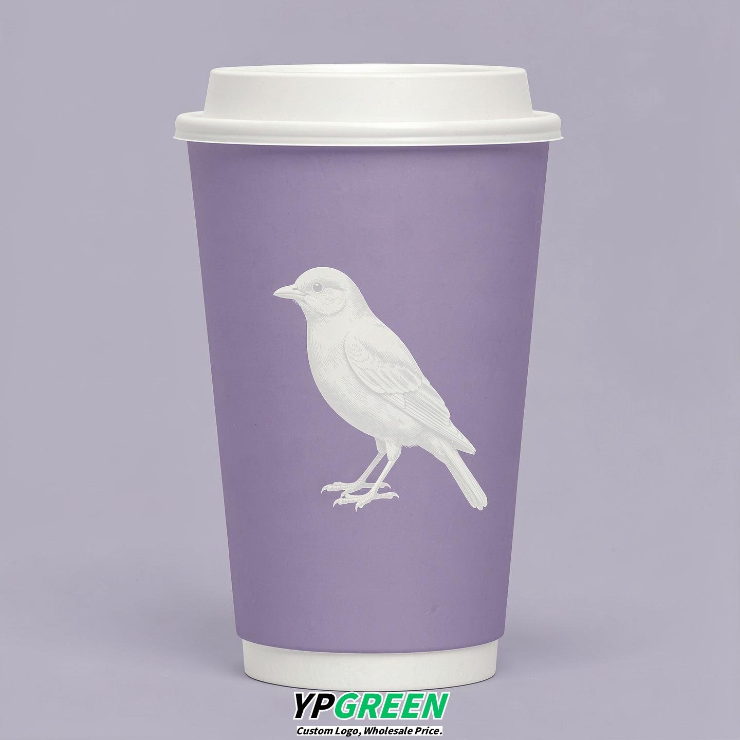 Lavender Paper Cups with Bird Logo & Lids 8-24oz