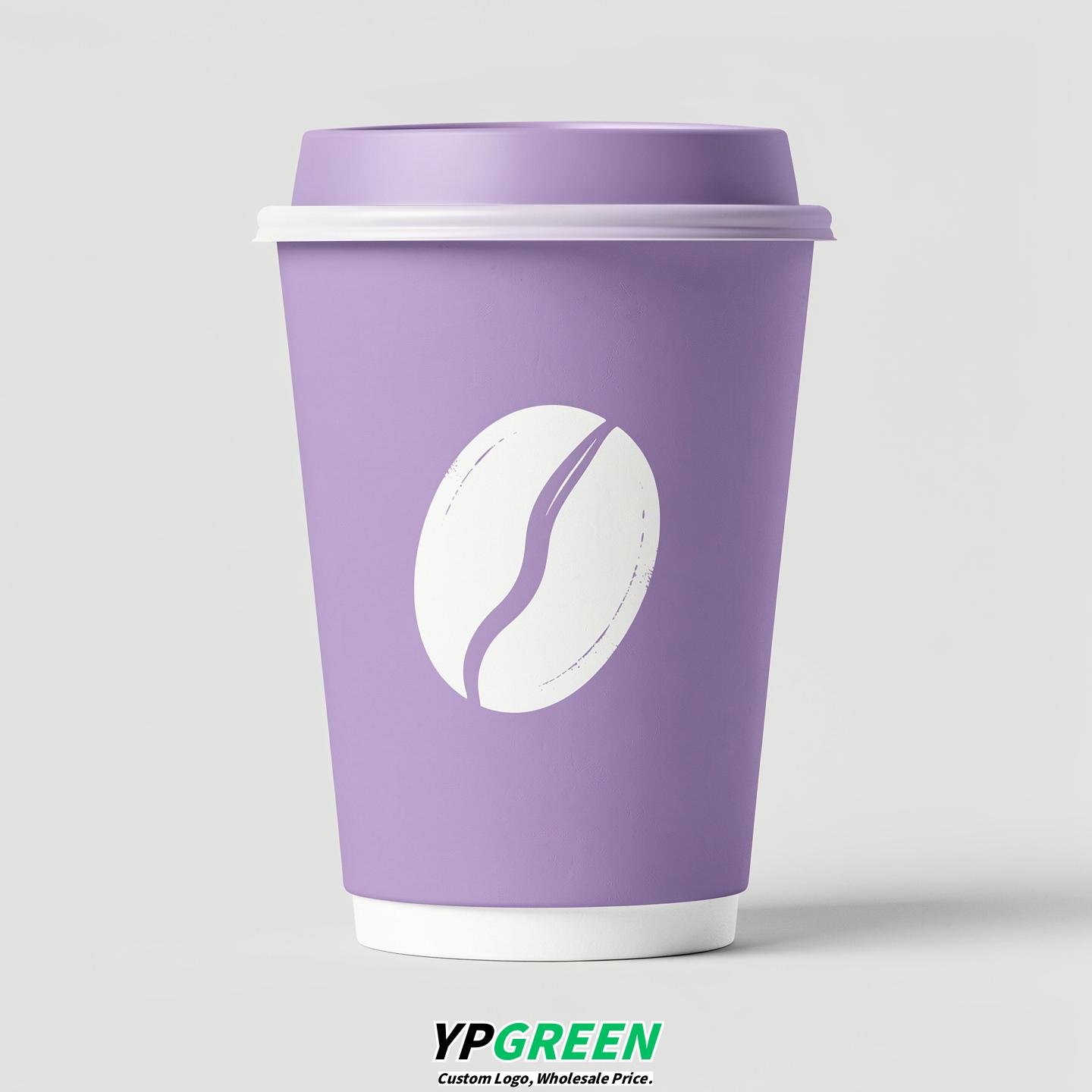 Lavender Paper Cups with Coffee Bean Logo & Lids 8-24oz