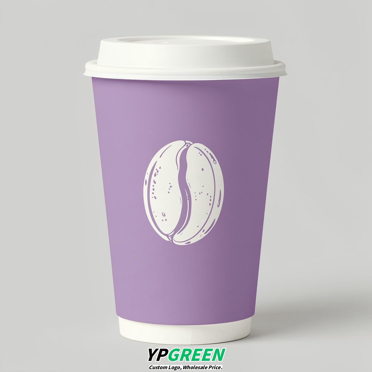 Lavender Paper Cups with Coffee Bean Logo & Lids 8-24oz
