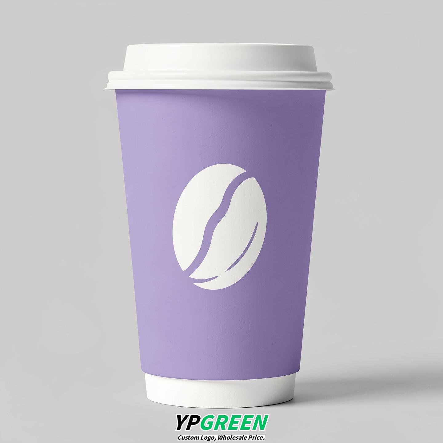 Lavender Paper Cups with Coffee Bean Logo & Lids 8-24oz