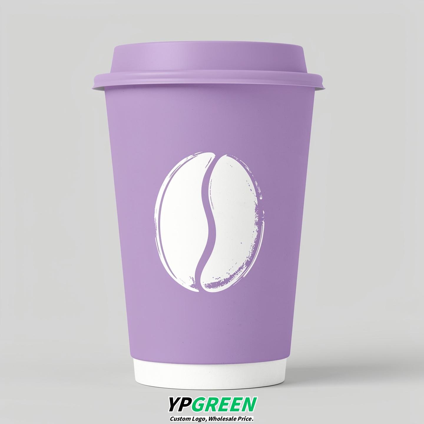 Lavender Paper Cups with Coffee Bean Logo & Lids 8-24oz