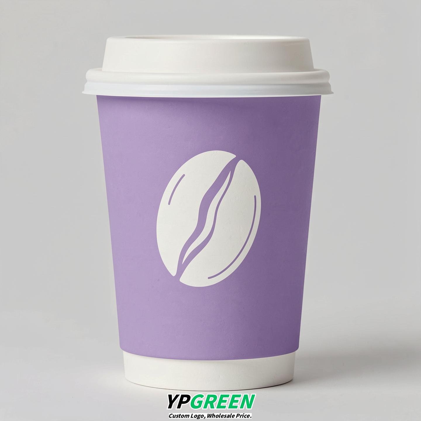 Lavender Paper Cups with Coffee Bean Logo & Lids 8-24oz