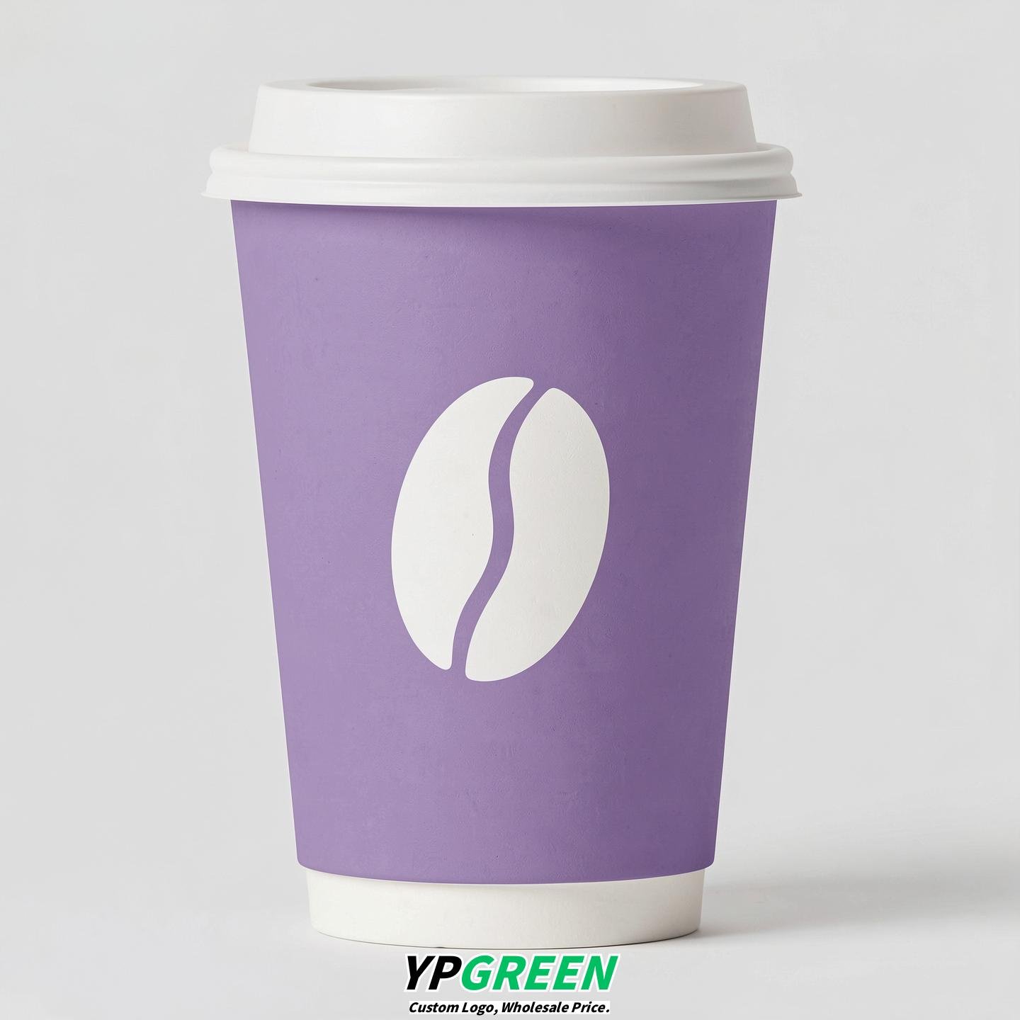 Lavender Paper Cups with Coffee Bean Logo & Lids 8-24oz