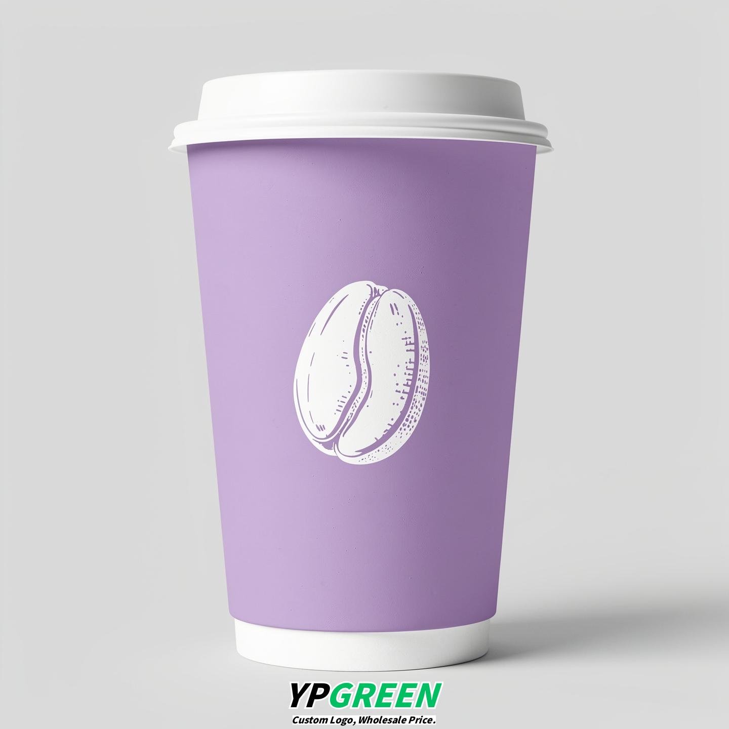 Lavender Paper Cups with Coffee Bean Logo & Lids 8-24oz