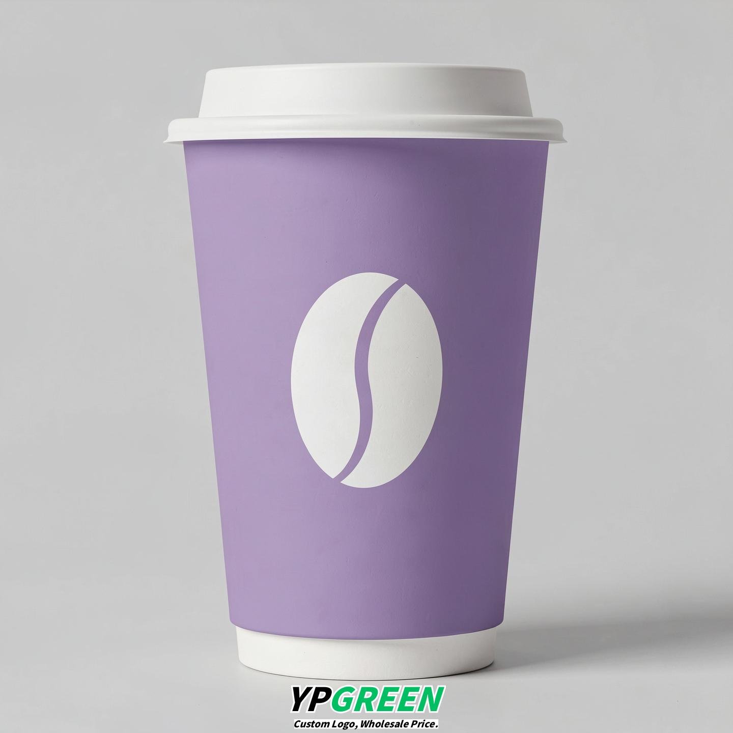 Lavender Paper Cups with Coffee Bean Logo & Lids 8-24oz