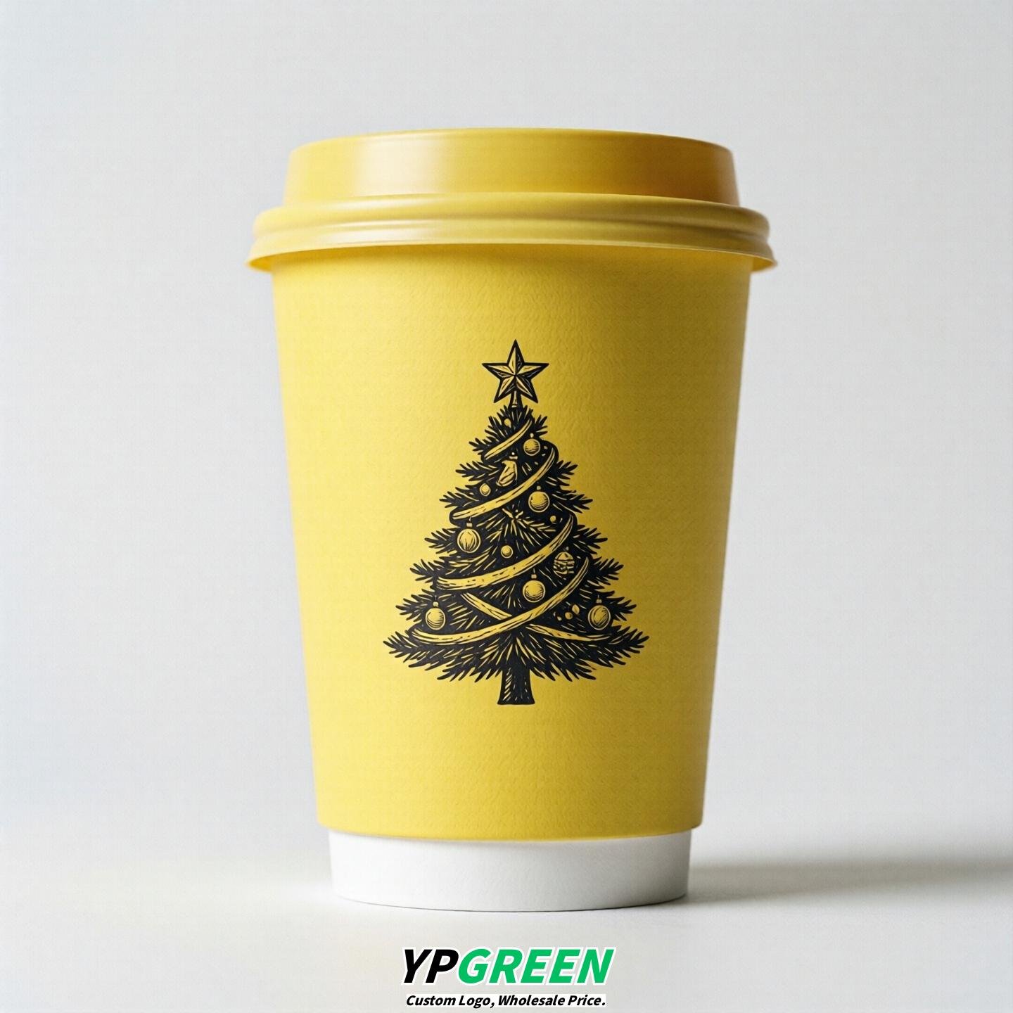 Lemon Yellow Paper Cups with Christmas Design 8-24oz