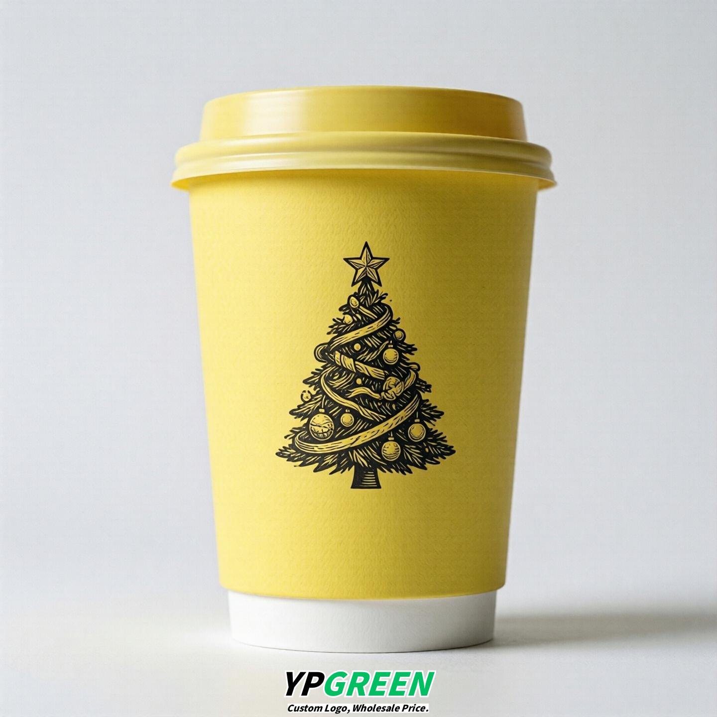 Lemon Yellow Paper Cups with Christmas Design 8-24oz