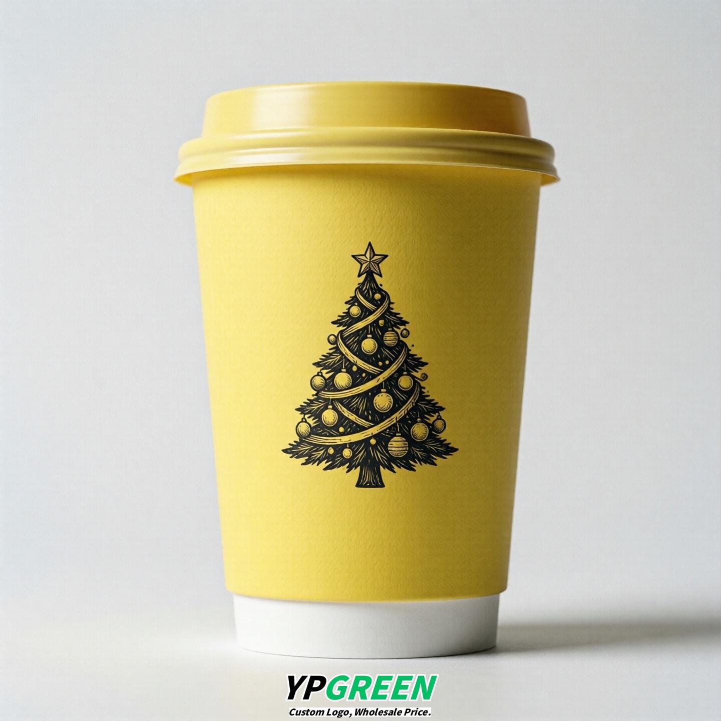 Lemon Yellow Paper Cups with Christmas Design 8-24oz