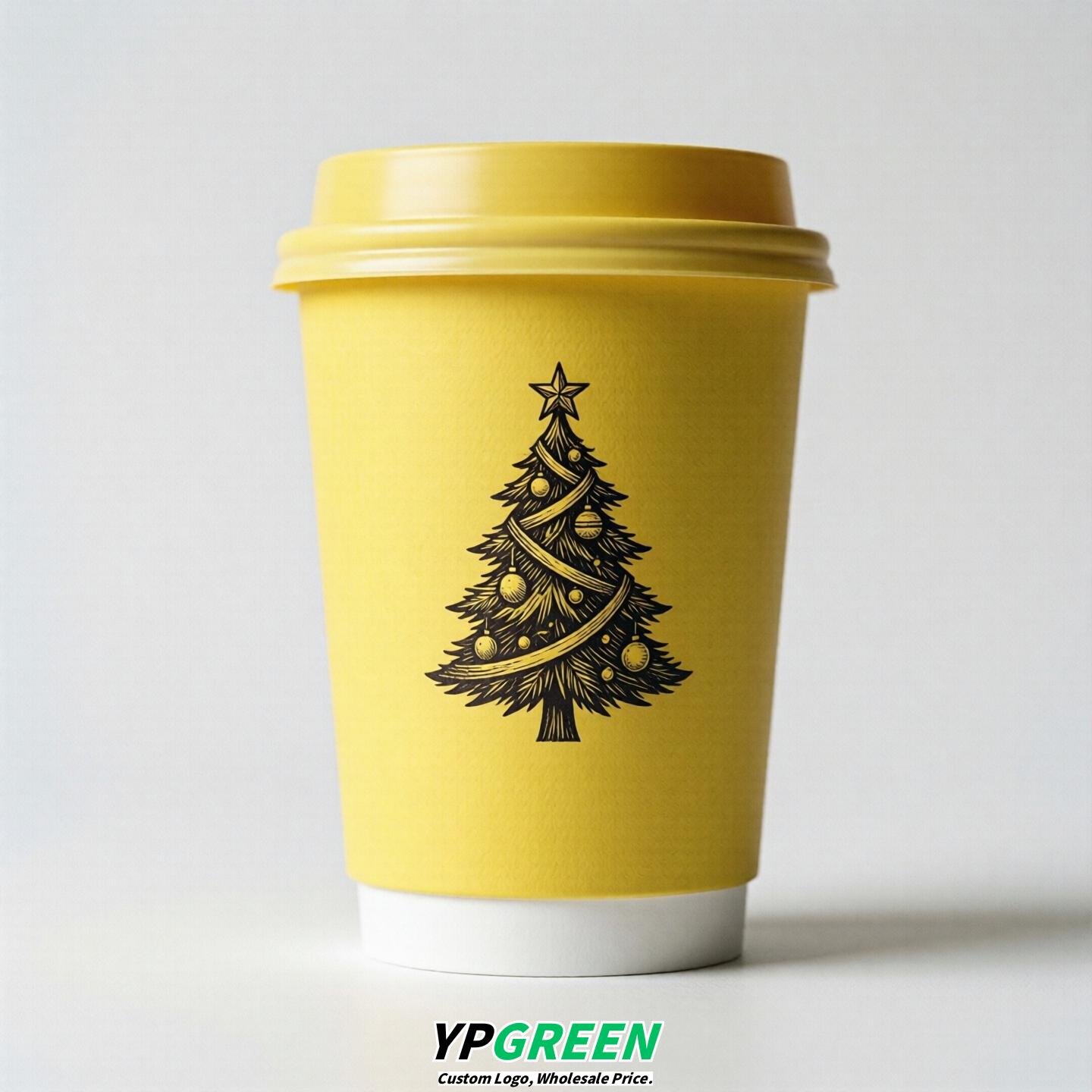 Lemon Yellow Paper Cups with Christmas Design 8-24oz