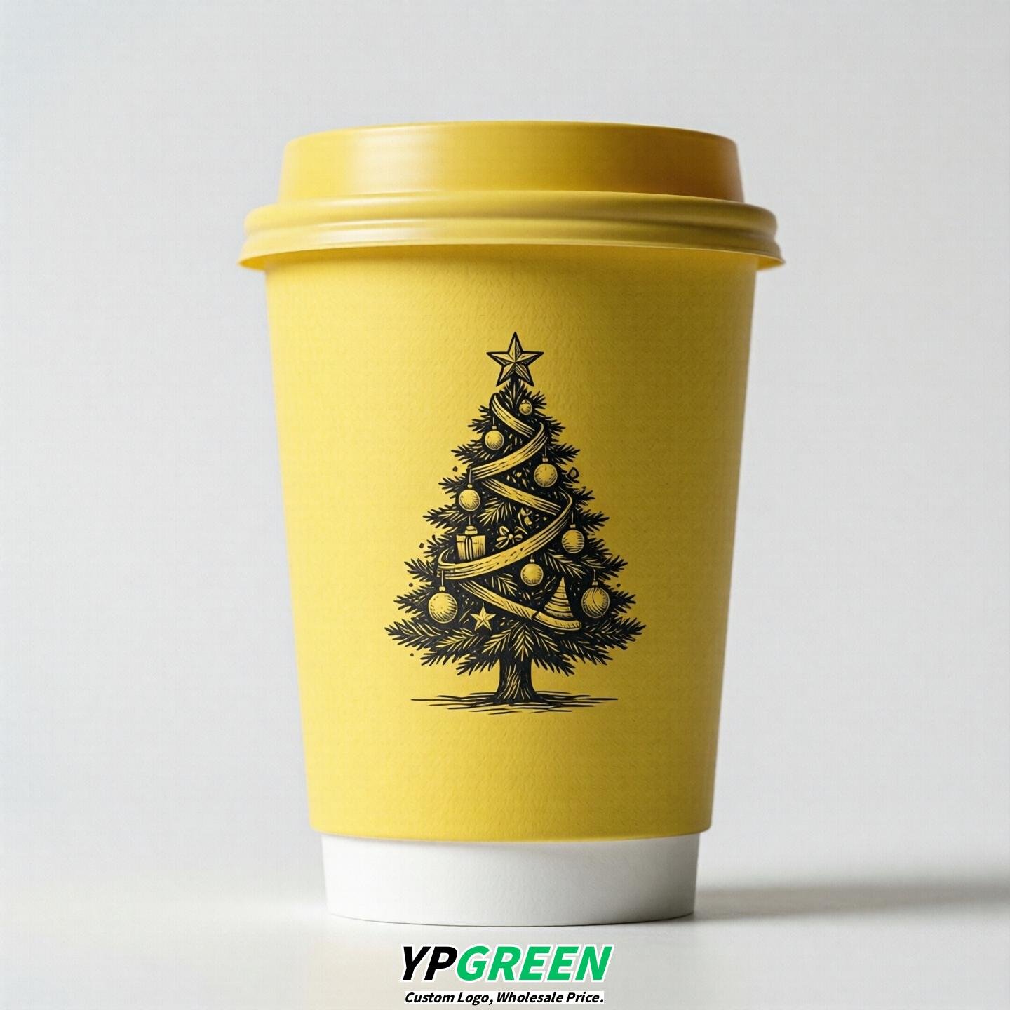 Lemon Yellow Paper Cups with Christmas Design 8-24oz
