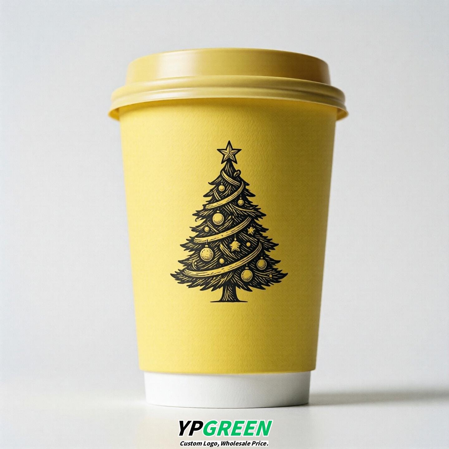 Lemon Yellow Paper Cups with Christmas Design 8-24oz