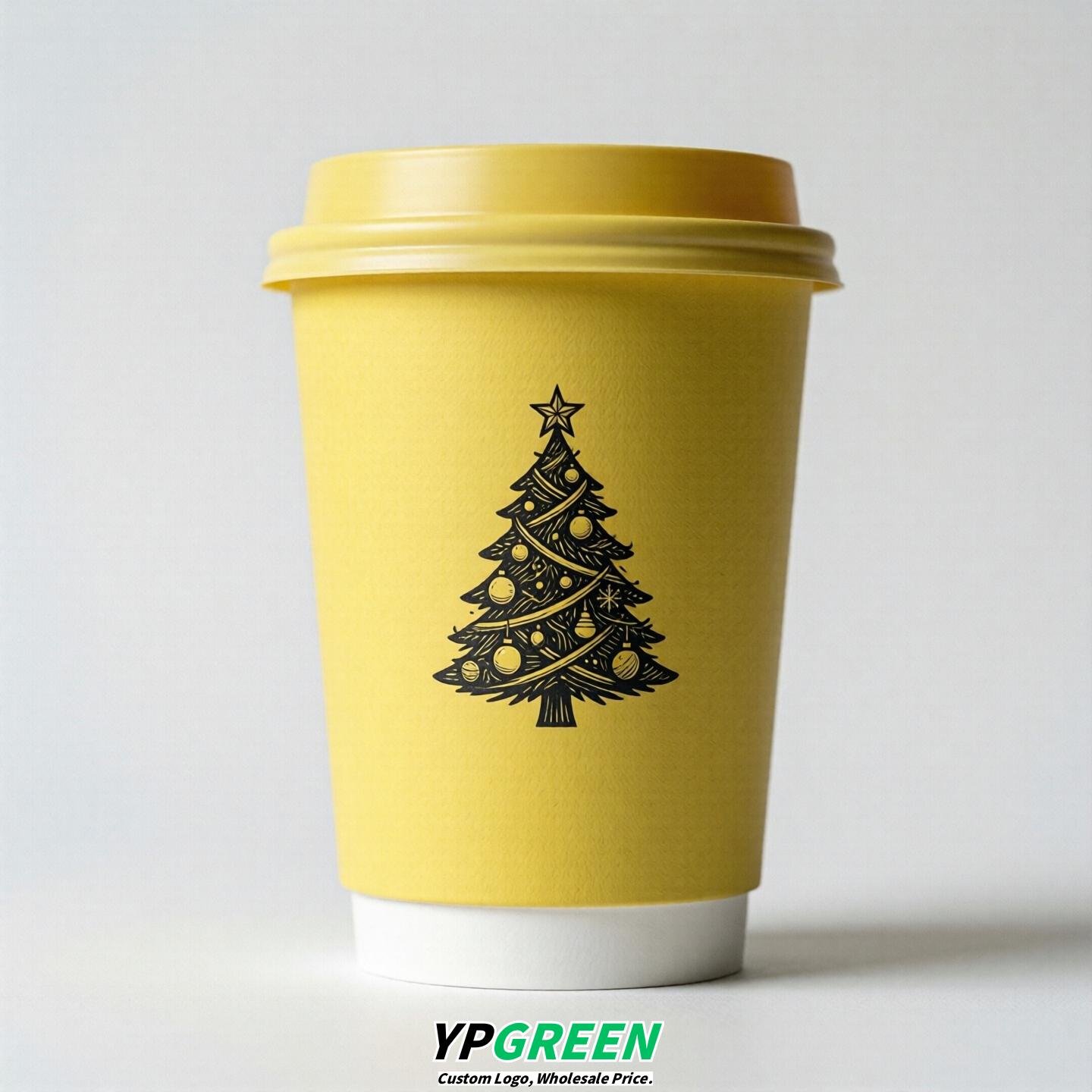 Lemon Yellow Paper Cups with Christmas Design 8-24oz