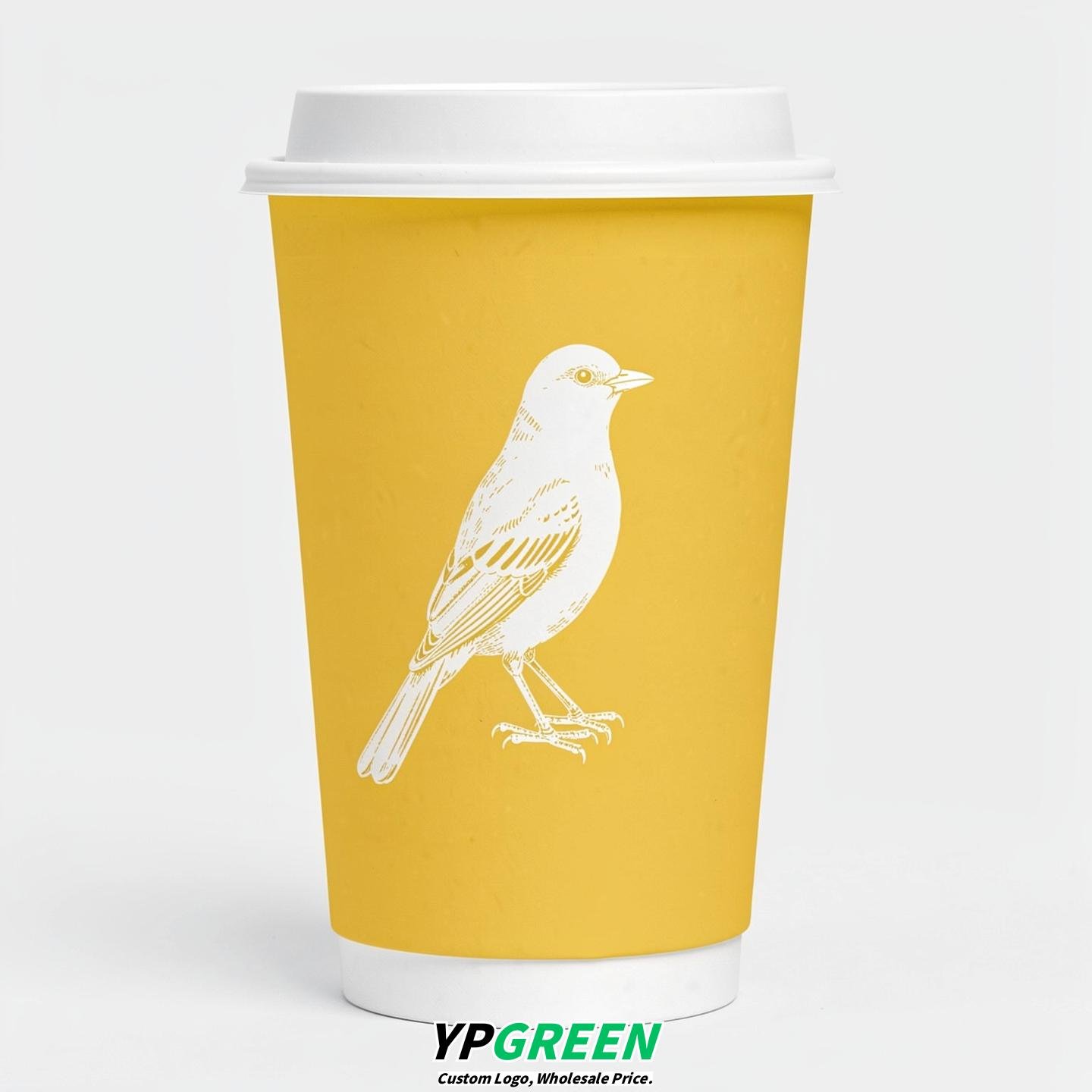 Lemon Yellow Paper Cups with Bird Logo & Lids 8-24oz