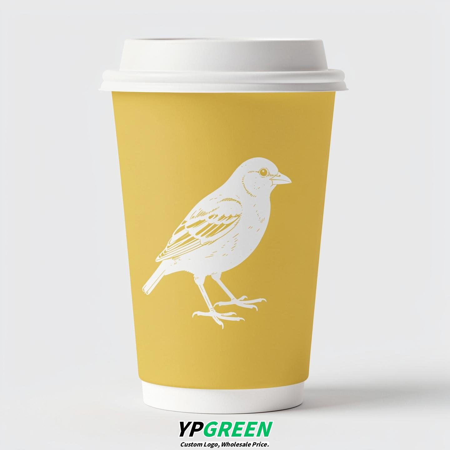Lemon Yellow Paper Cups with Bird Logo & Lids 8-24oz
