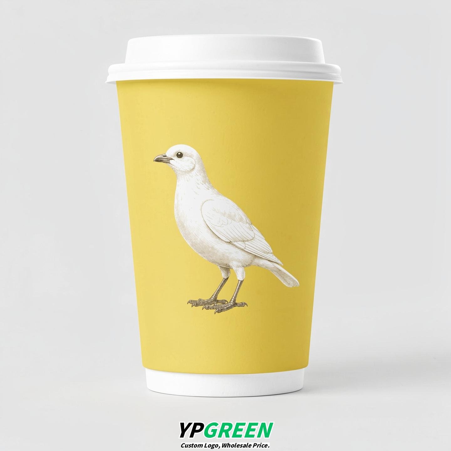 Lemon Yellow Paper Cups with Bird Logo & Lids 8-24oz