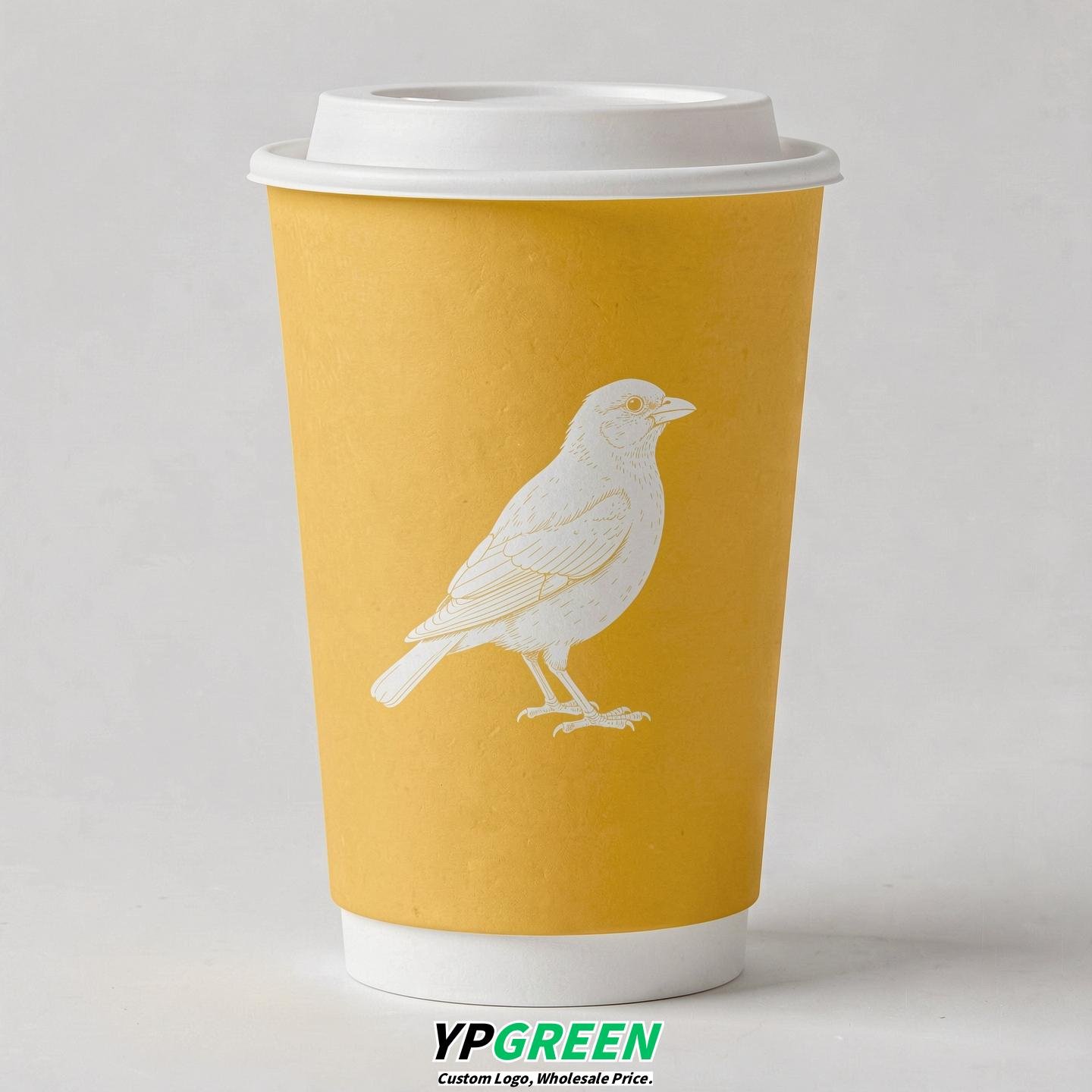Lemon Yellow Paper Cups with Bird Logo & Lids 8-24oz