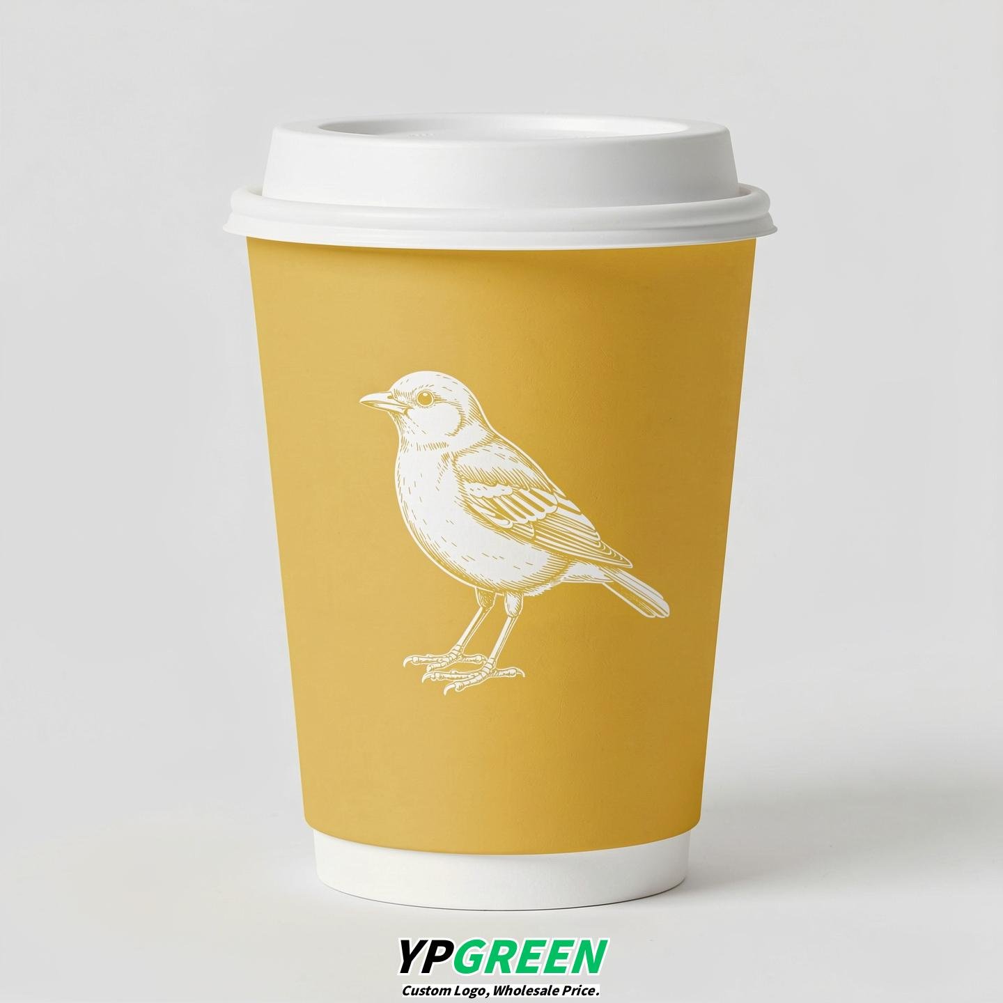 Lemon Yellow Paper Cups with Bird Logo & Lids 8-24oz