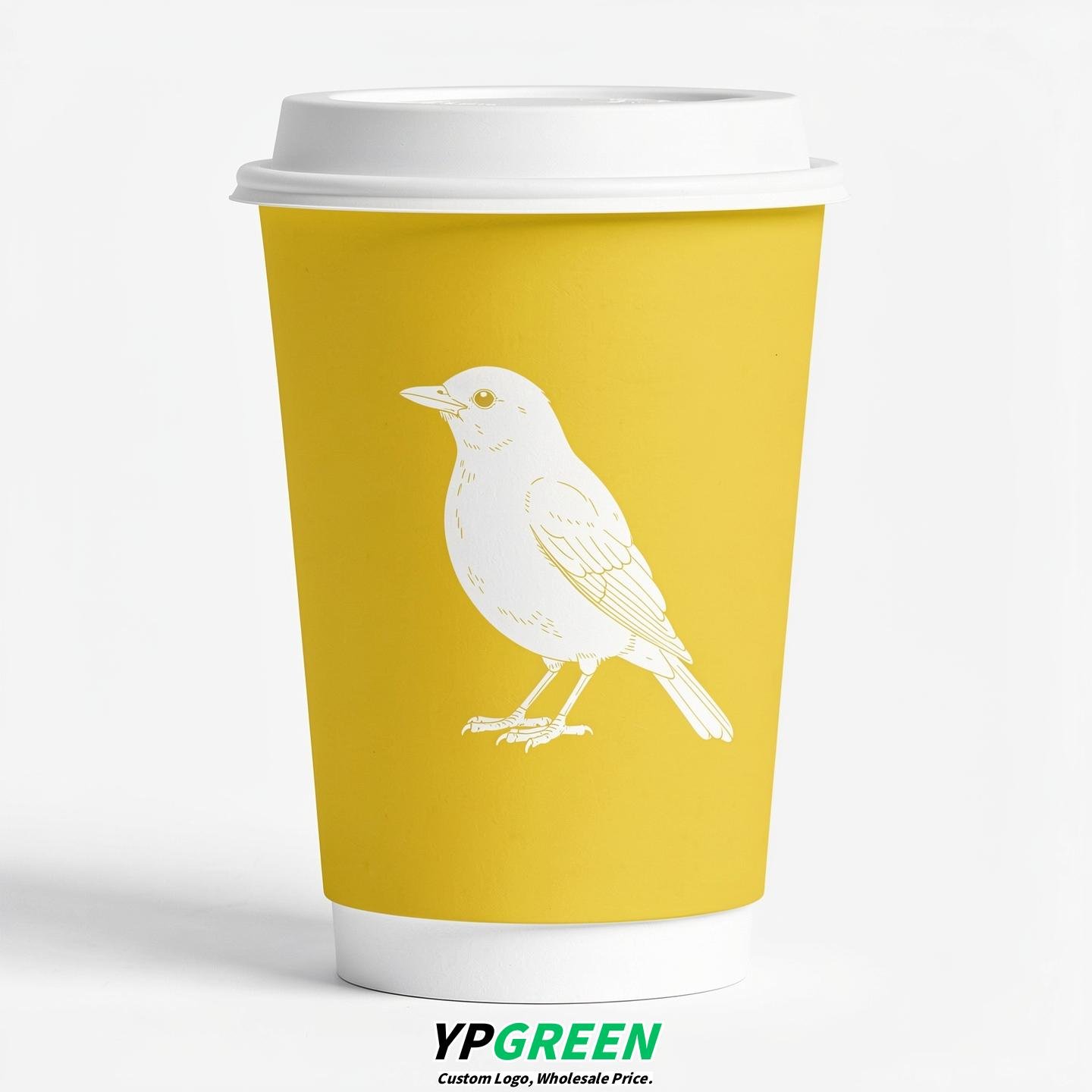 Lemon Yellow Paper Cups with Bird Logo & Lids 8-24oz