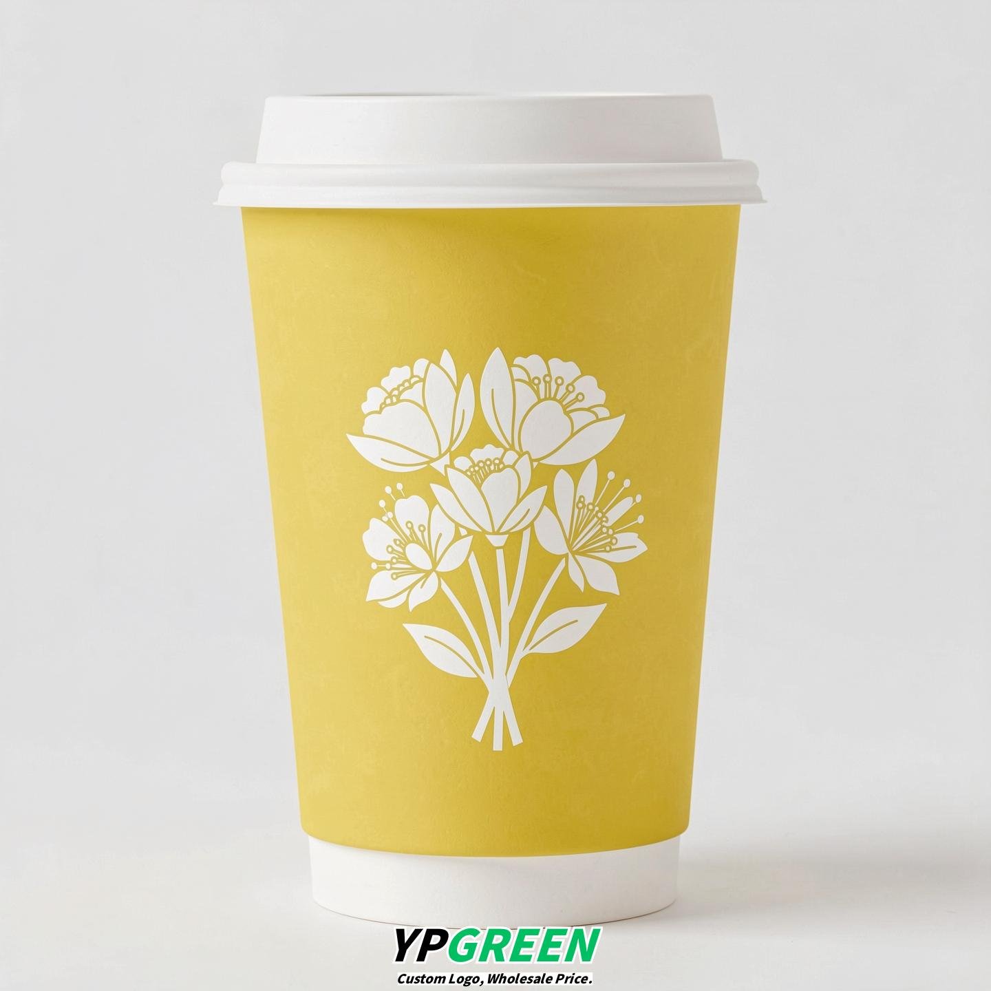 Lemon Yellow Floral Paper Cups with Lids 8-24oz Lemon Yellow Floral Paper Cups with Lids 8-24oz