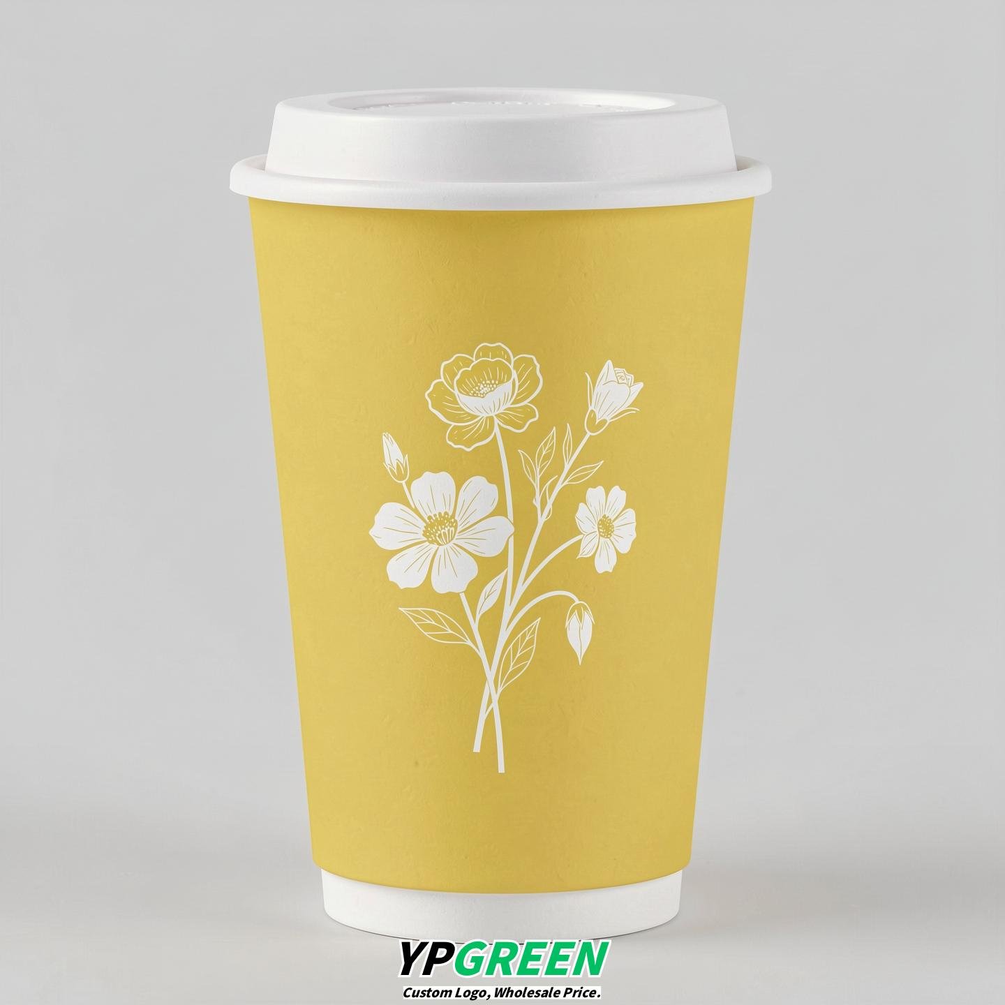 Lemon Yellow Floral Paper Cups with Lids 8-24oz