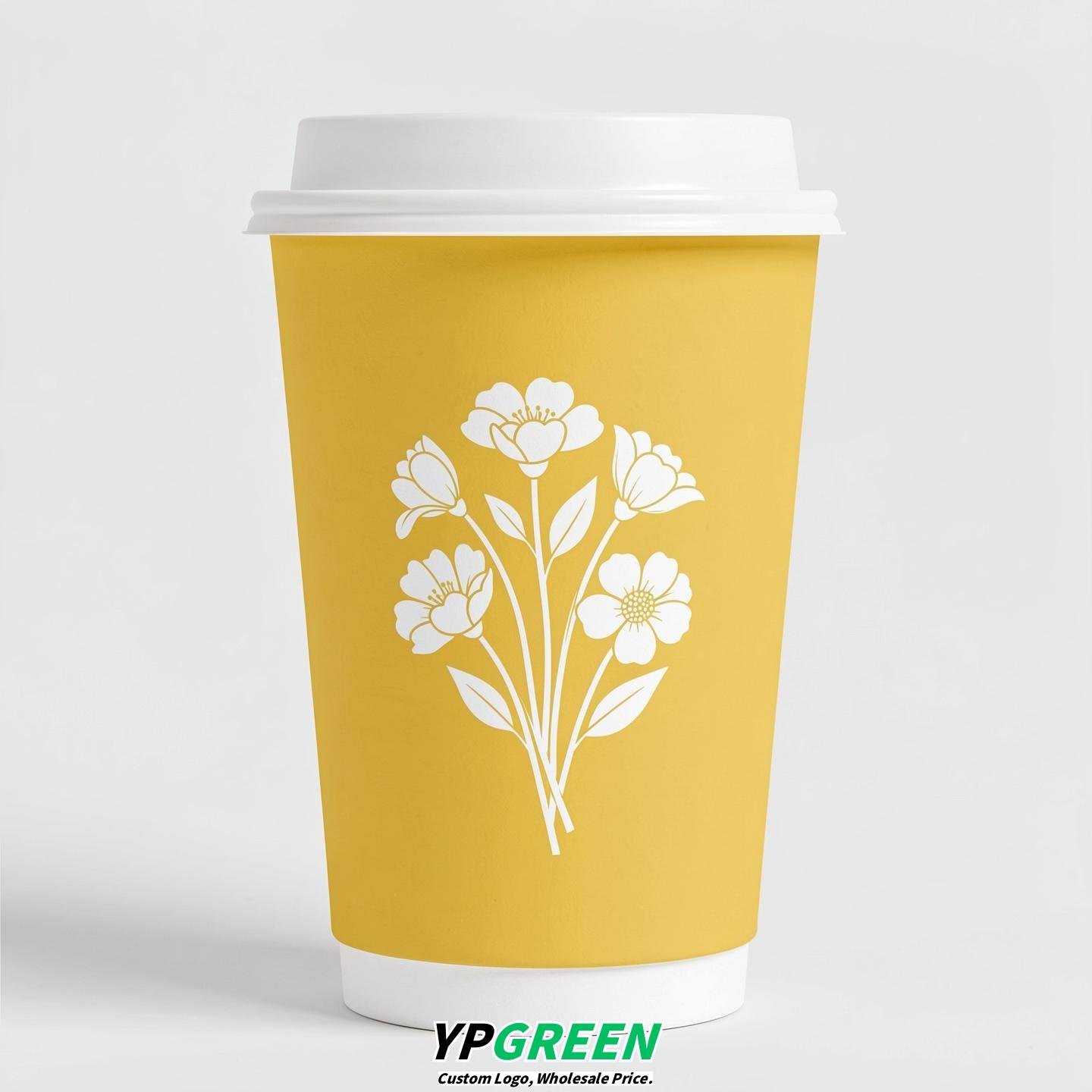 Lemon Yellow Floral Paper Cups with Lids 8-24oz