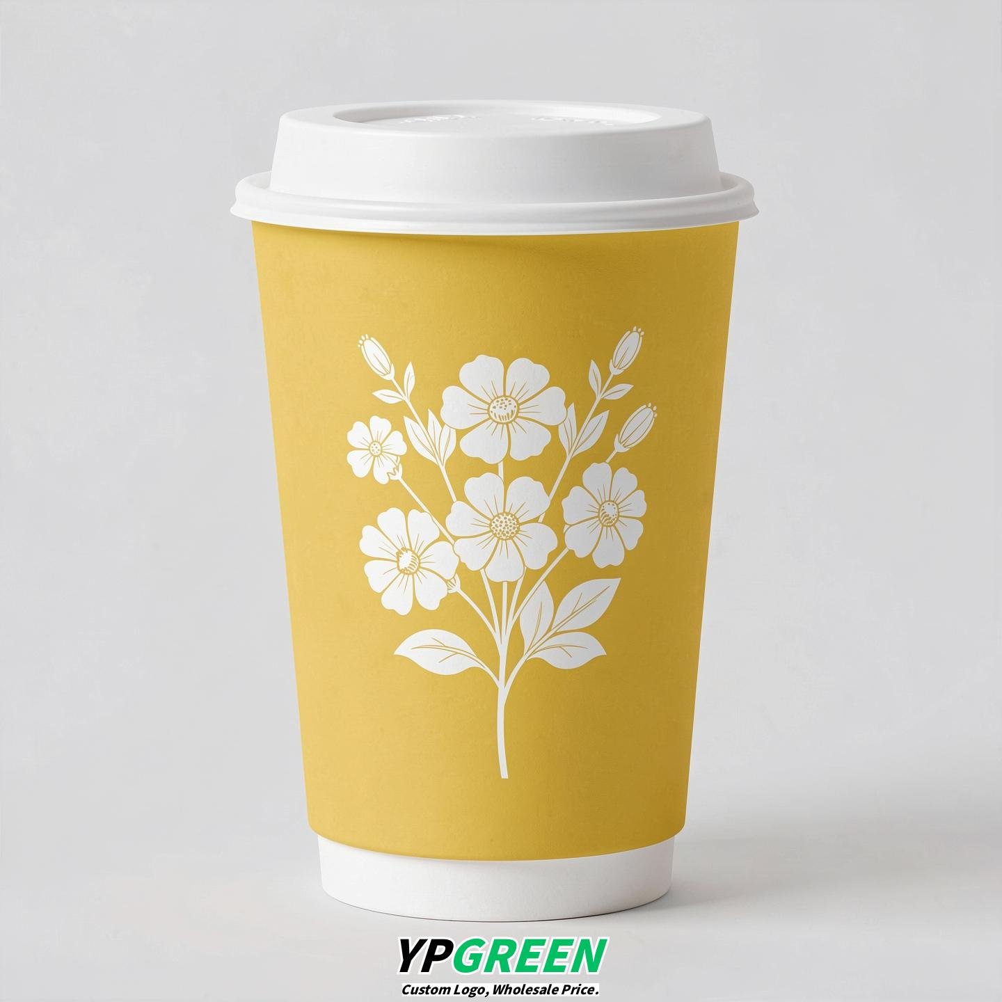 Lemon Yellow Floral Paper Cups with Lids 8-24oz
