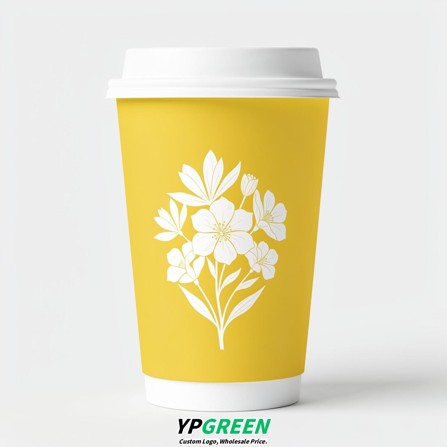 Lemon Yellow Floral Paper Cups with Lids 8-24oz