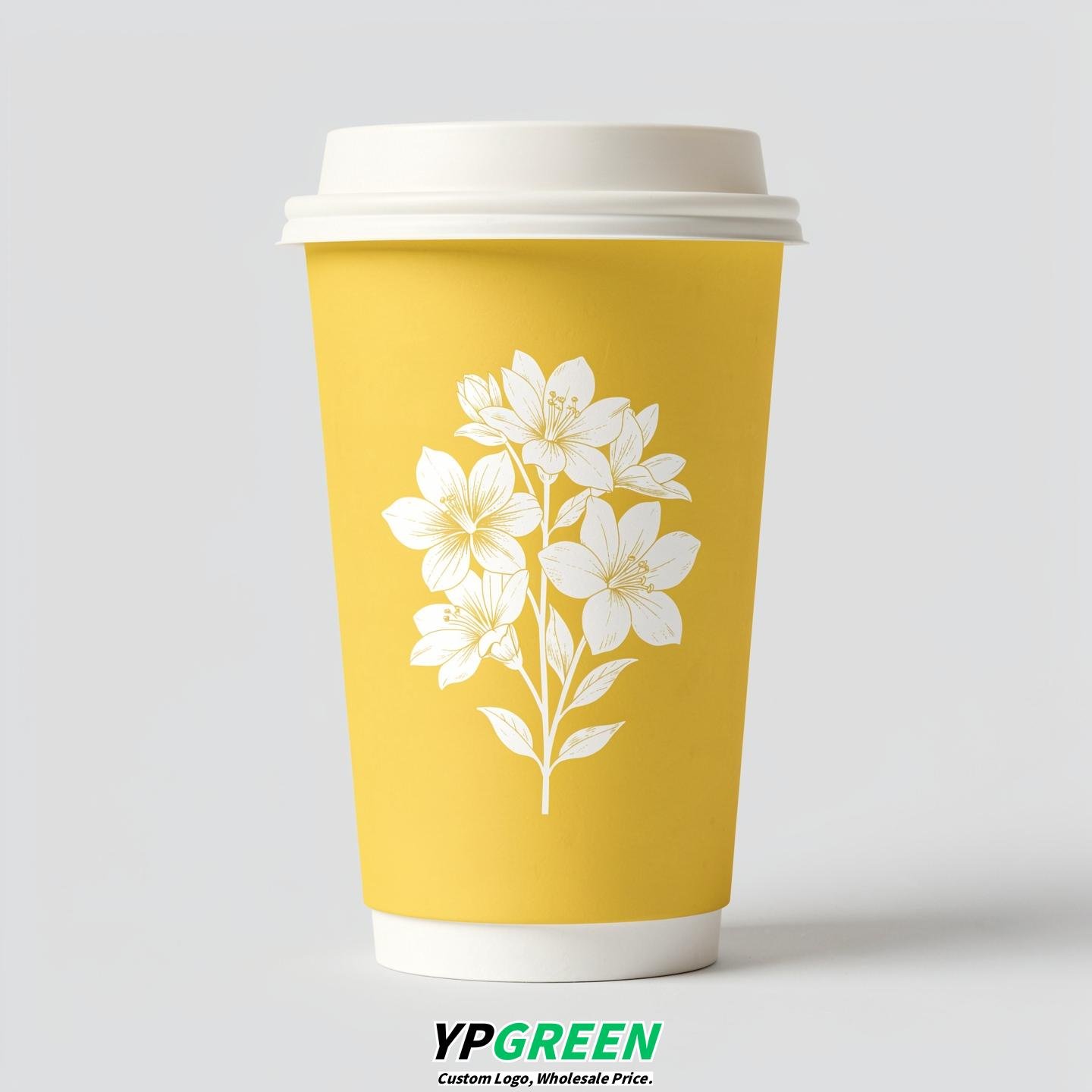 Lemon Yellow Floral Paper Cups with Lids 8-24oz