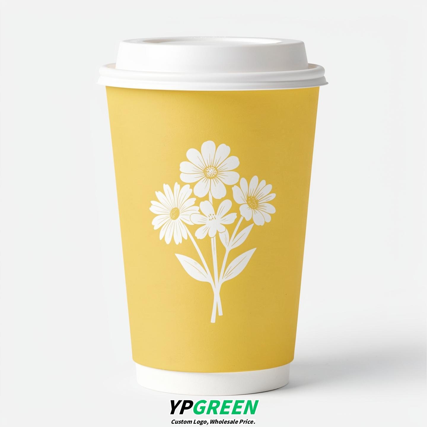 Lemon Yellow Floral Paper Cups with Lids 8-24oz