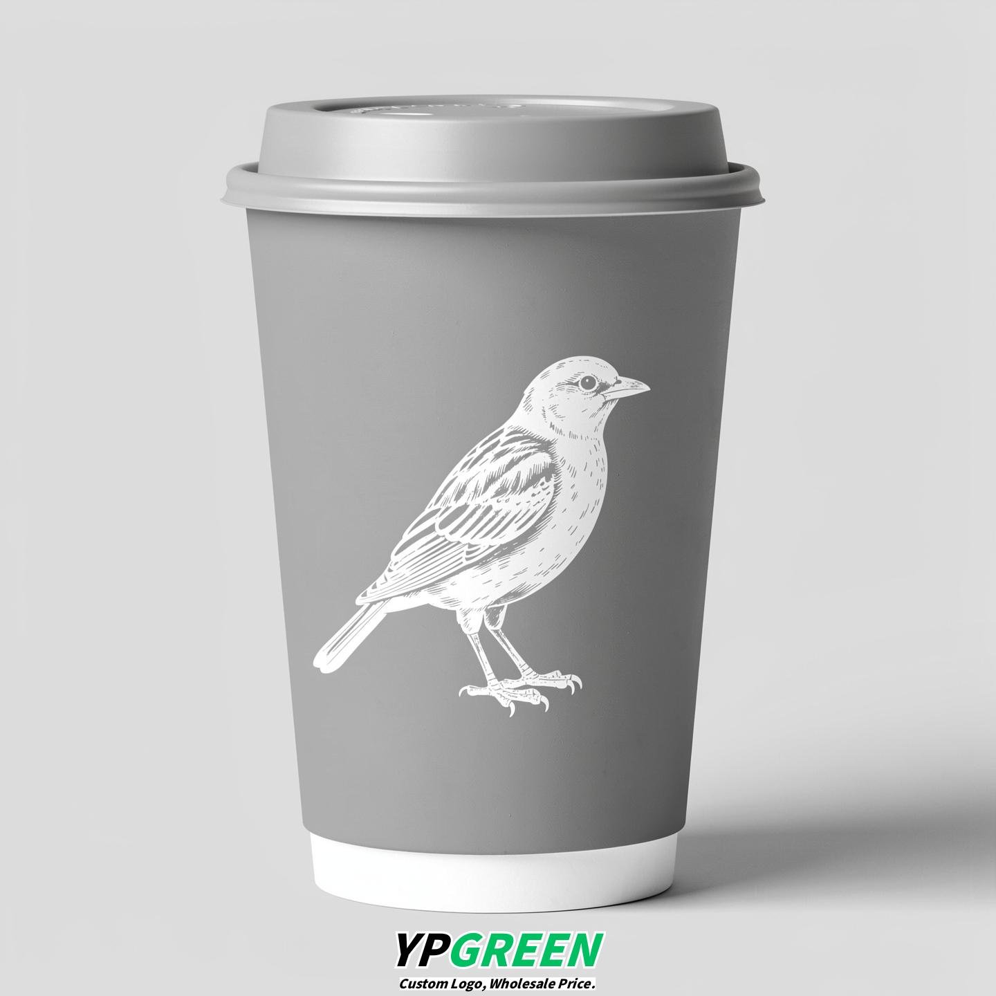 Light Slate Gray Paper Cups with Bird Logo & Lids 8-24oz