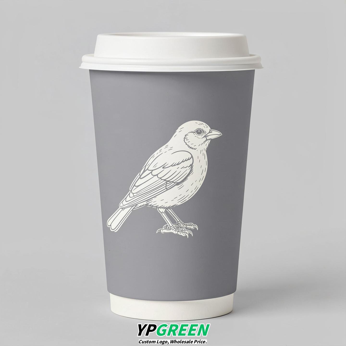 Light Slate Gray Paper Cups with Bird Logo & Lids 8-24oz